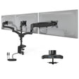 Triple Monitor Mount with Gas Spring Arms and USB Ports Triple Monitor Mount with Gas Spring Arms and USB Ports by Mount-It! shown holding three monitors, featuring adjustable gas spring arms for easy positioning, dual USB-A and USB-C ports integrated into the mount, dual clamp and grommet installation options, sleek black aluminum construction designed to support up to 32-inch screens and improve desk space and ergonomic comfort.