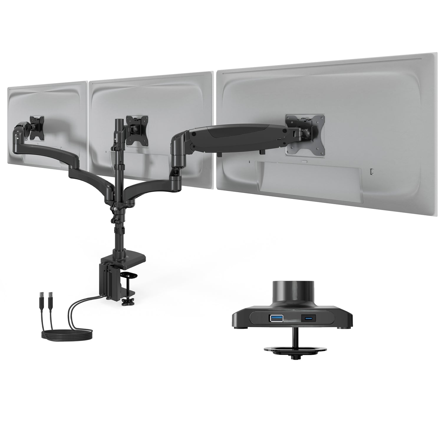 Triple Monitor Mount with Gas Spring Arms and USB Ports by Mount-It! shown holding three monitors, featuring adjustable gas spring arms for easy positioning, dual USB-A and USB-C ports integrated into the mount, dual clamp and grommet installation options, sleek black aluminum construction designed to support up to 32-inch screens and improve desk space and ergonomic comfort.