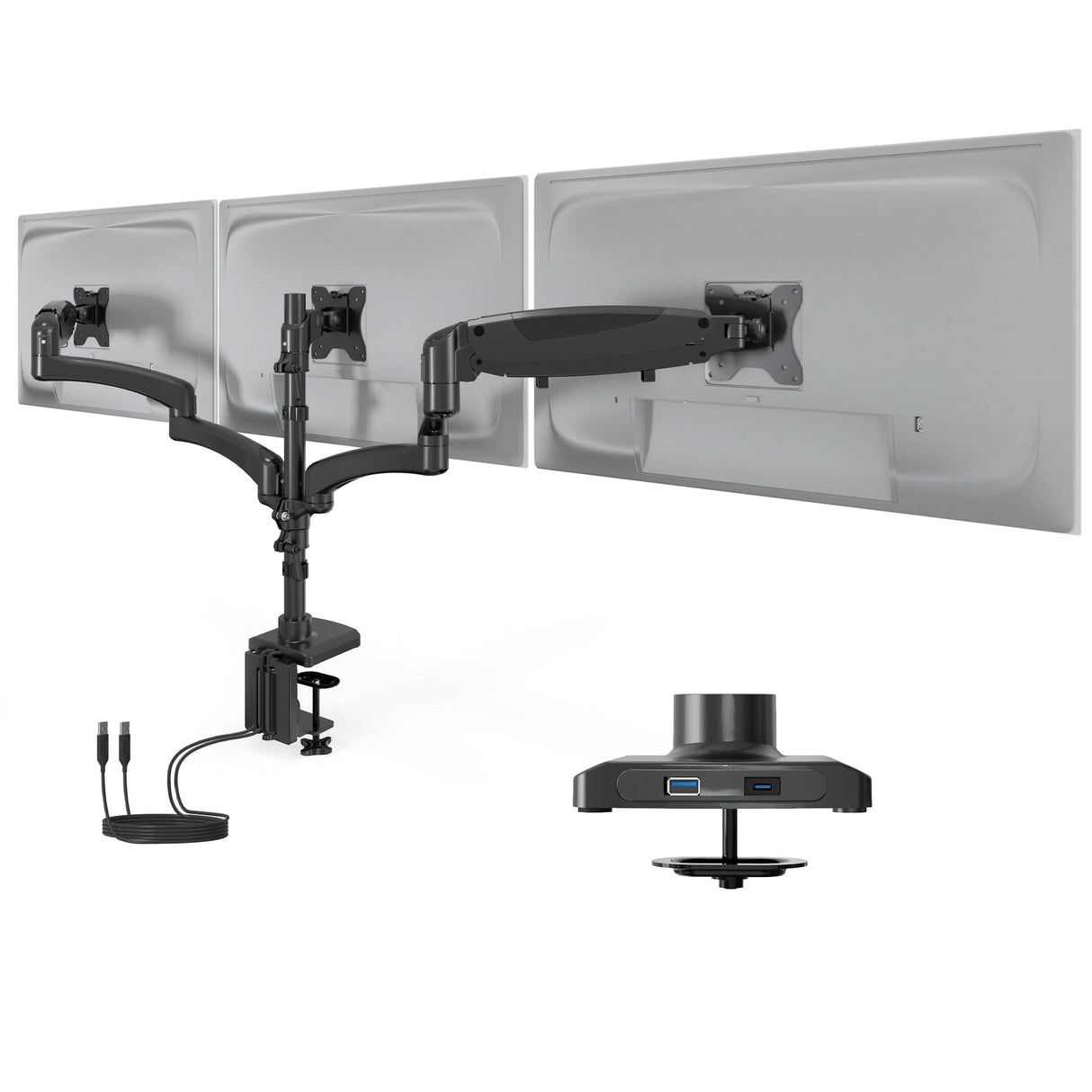 Triple Monitor Mount with Gas Spring Arms and USB Ports by Mount-It! shown holding three monitors, featuring adjustable gas spring arms for easy positioning, dual USB-A and USB-C ports integrated into the mount, dual clamp and grommet installation options, sleek black aluminum construction designed to support up to 32-inch screens and improve desk space and ergonomic comfort.
