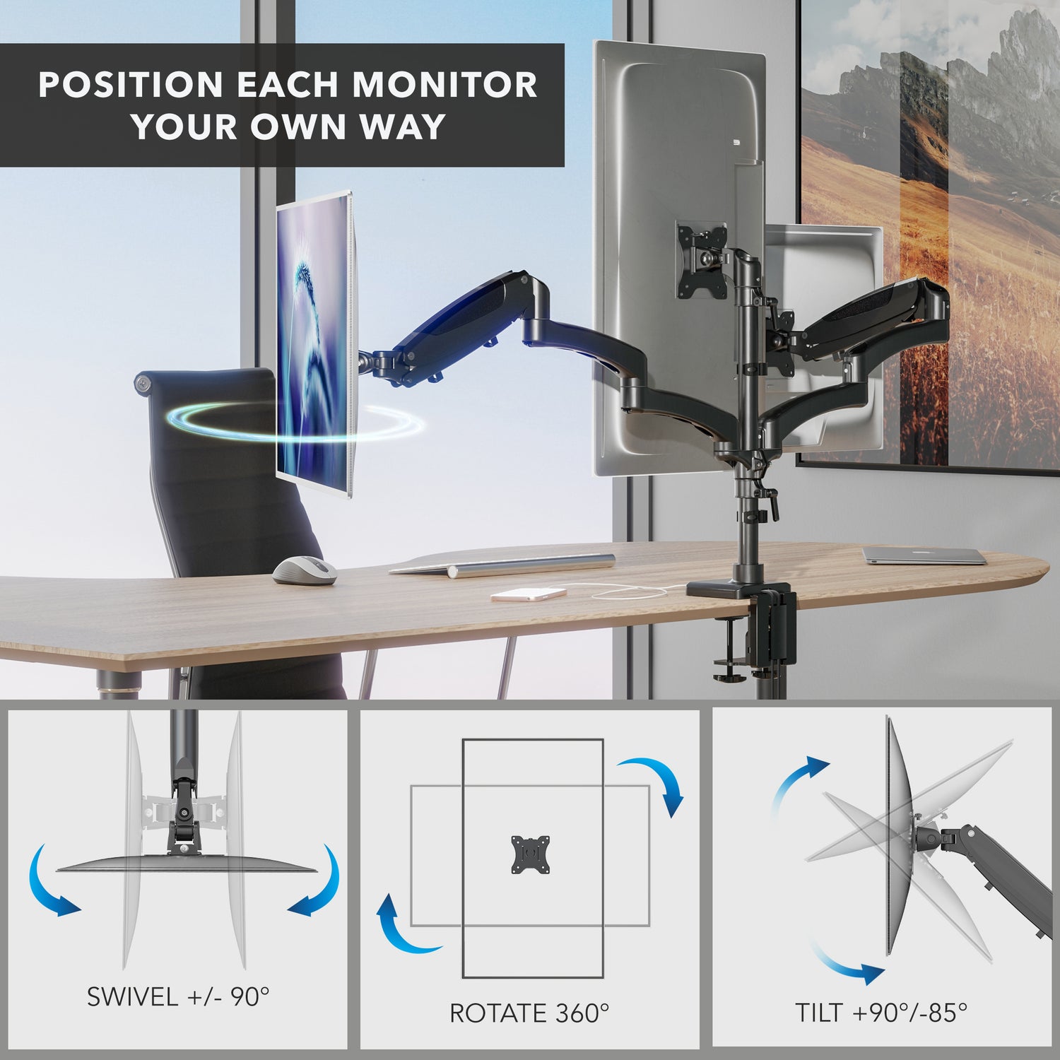 Triple Monitor Mount with Gas Spring Arms and USB Ports shown installed on a wooden desk with three monitors attached, demonstrating adjustable swivel, rotation, and tilt functions for ergonomic positioning; highlights flexibility in monitor placement and workspace optimization for productivity and comfort.