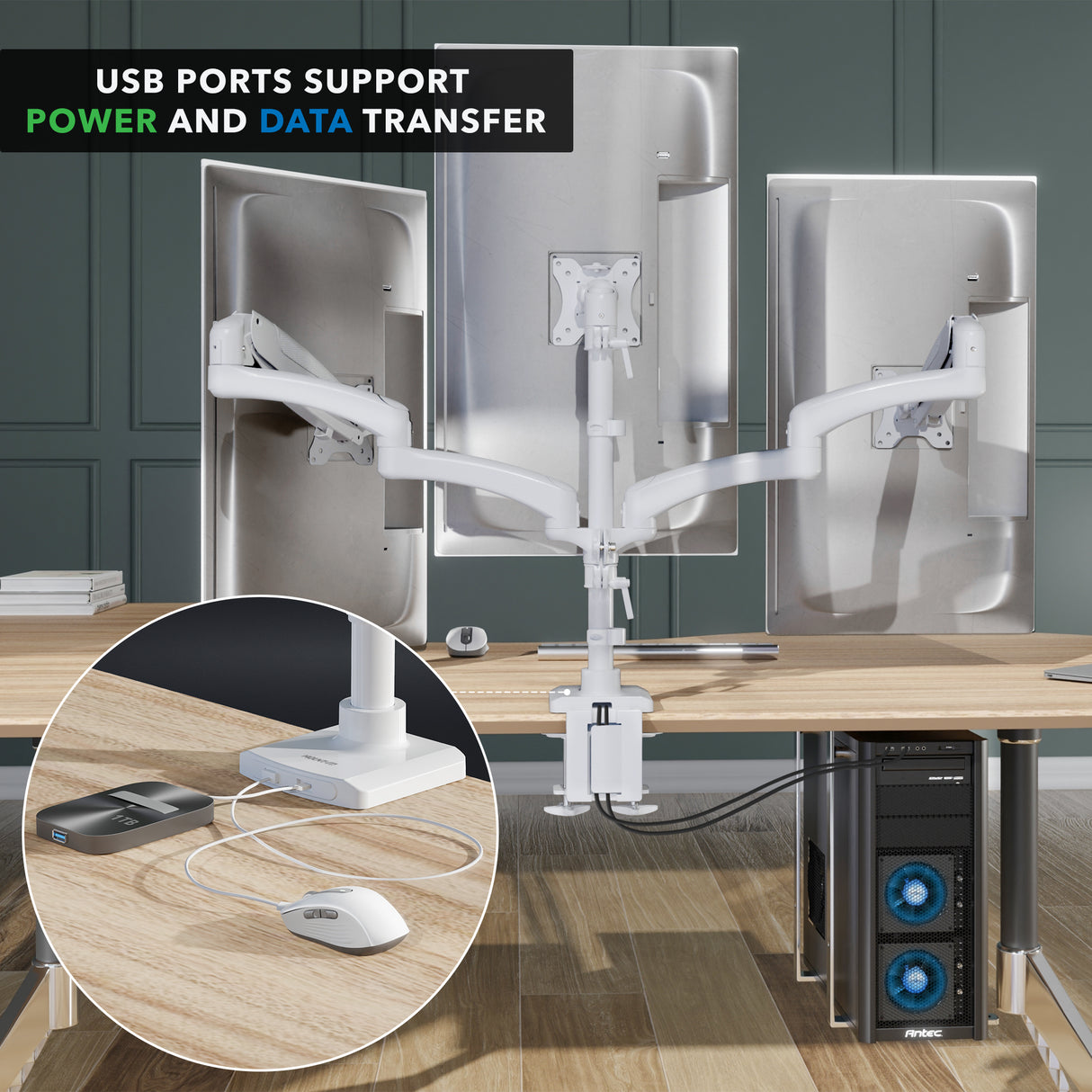 Triple Monitor Mount with Gas Spring Arms and USB Ports Triple Monitor Mount with Gas Spring Arms and USB Ports showcases a sleek white aluminum triple monitor arm setup attached to a wooden desk, holding three flat-screen monitors. The image highlights integrated USB-A and USB-C ports supporting power and data transfer, shown with connected charging cables to devices on the desk, emphasizing ergonomic, space-saving design and convenient connectivity for productivity.