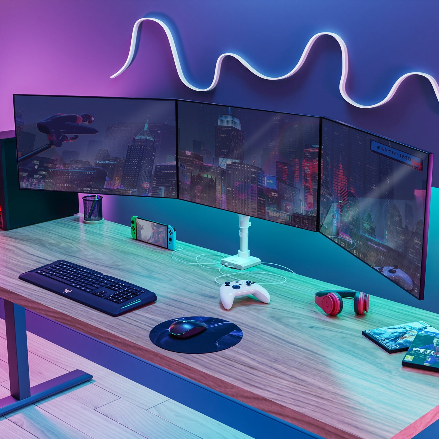 Triple Monitor Mount with Gas Spring Arms and USB Ports holding three large curved monitors in a sleek, modern workspace featuring a wooden desk with a keyboard, mouse, game controller, headphones, and handheld gaming device, showcasing an ergonomic, space-saving setup with vibrant ambient lighting and integrated cable management.