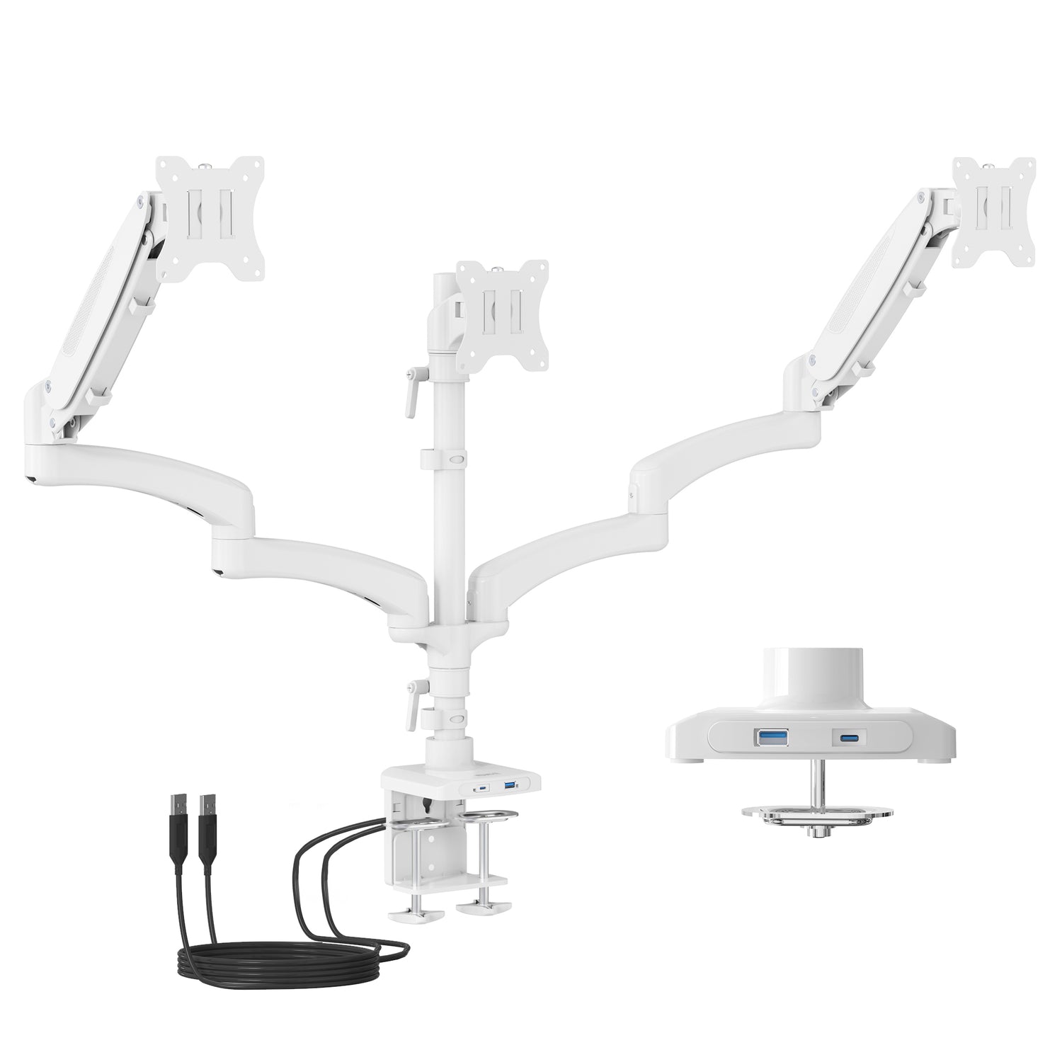 White Triple Monitor Mount with Gas Spring Arms and integrated USB-A and USB-C ports shown with dual clamp and grommet installation options, designed to hold three monitors up to 32 inches and 17.6 pounds each, featuring ergonomic swivel, tilt, and rotation adjustments for optimal workspace setup and productivity enhancement.