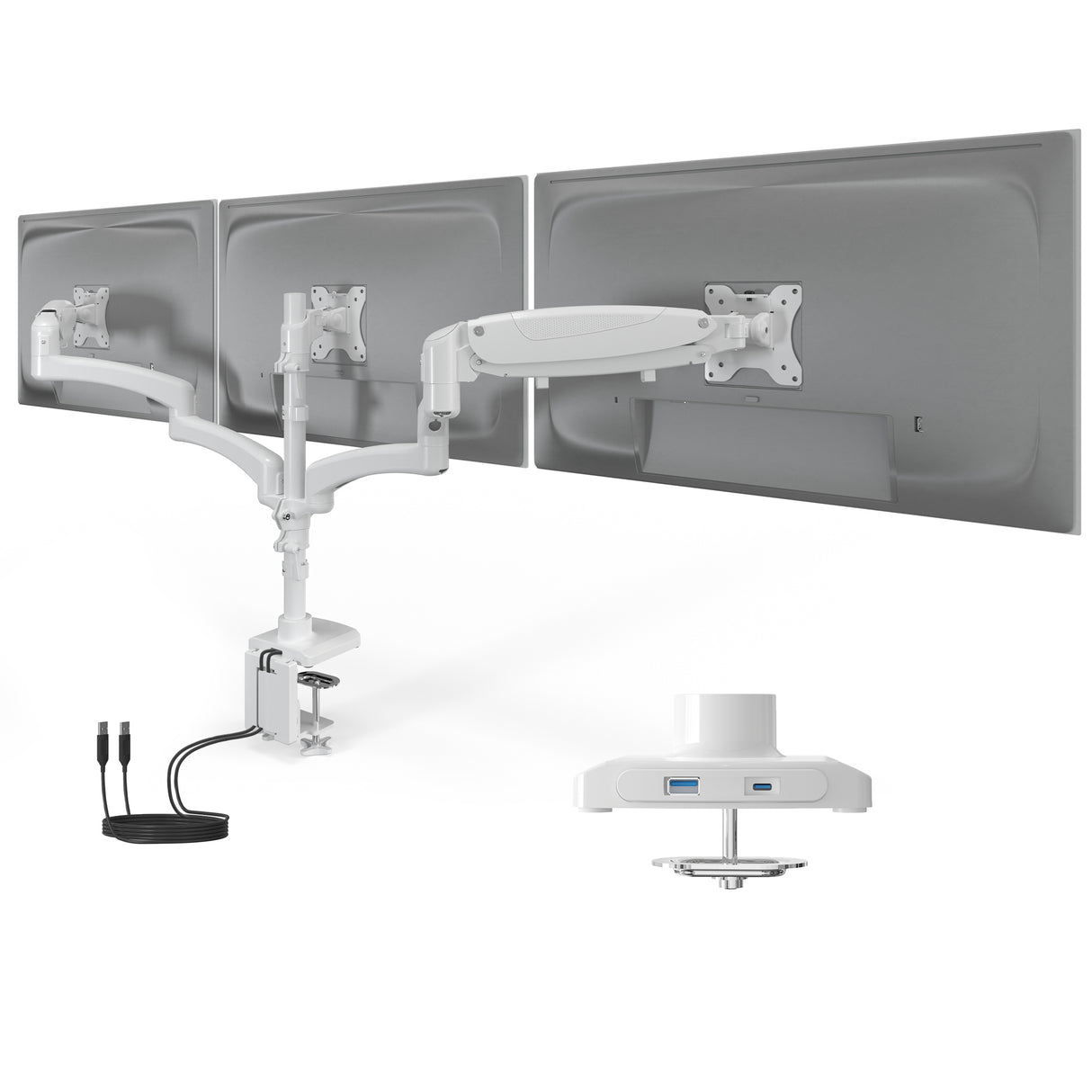 Triple Monitor Mount with Gas Spring Arms and USB Ports Triple Monitor Mount with Gas Spring Arms and USB Ports shown holding three monitors off the desk with adjustable arms for swivel, tilt, and rotation. The mount is clamped to the desk and features integrated USB-A and USB-C ports for charging and connectivity. The aluminum design supports monitors up to 32 inches and 17.6 pounds each, enhancing workspace ergonomics and organization.