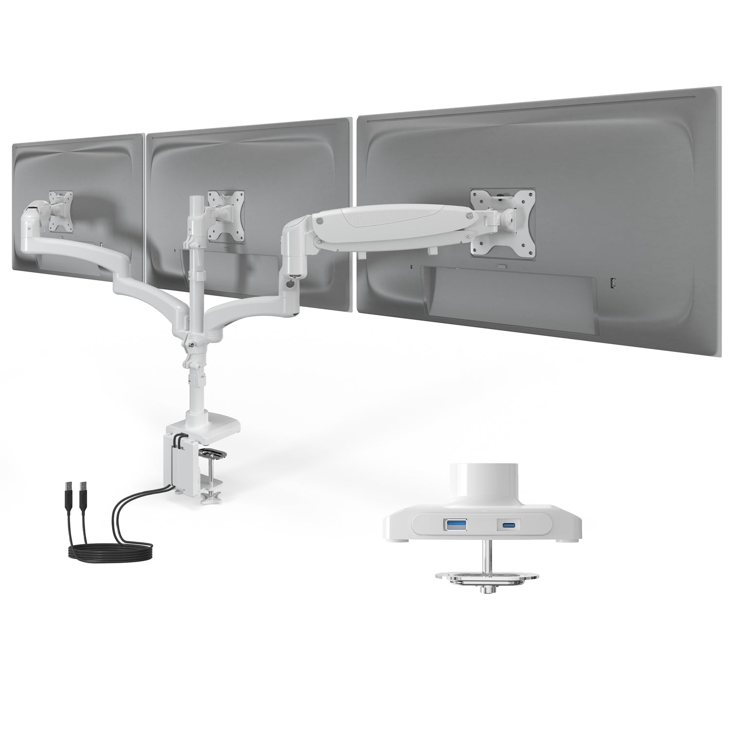Triple Monitor Mount with Gas Spring Arms and USB Ports shown holding three monitors off the desk with adjustable arms for swivel, tilt, and rotation. The mount is clamped to the desk and features integrated USB-A and USB-C ports for charging and connectivity. The aluminum design supports monitors up to 32 inches and 17.6 pounds each, enhancing workspace ergonomics and organization.