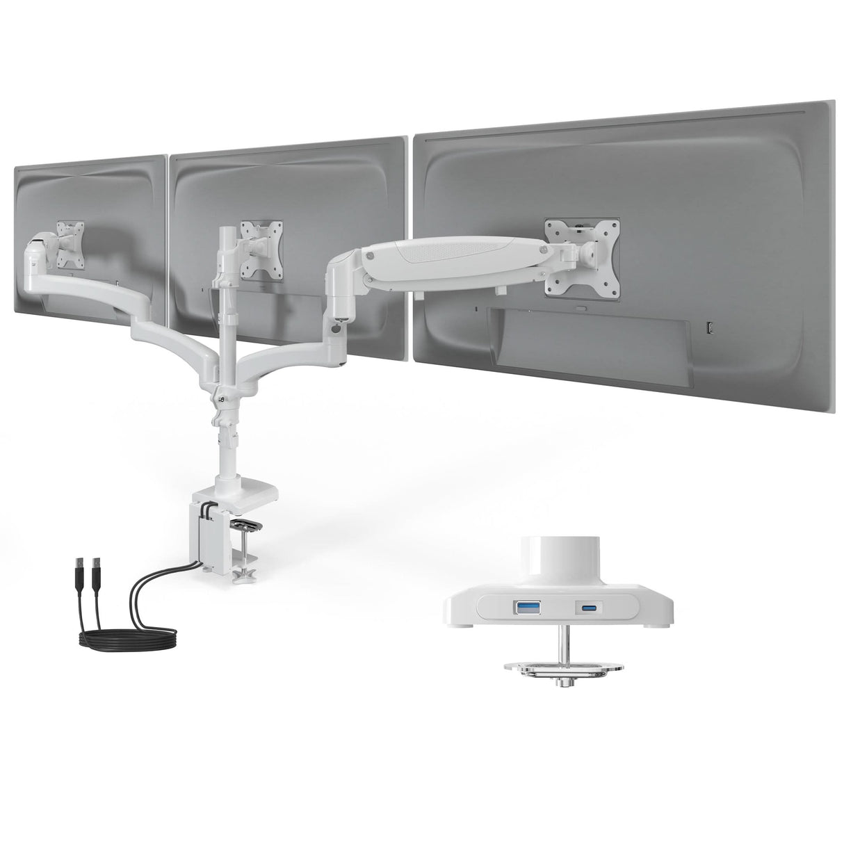 Triple Monitor Mount with Gas Spring Arms and USB Ports shown holding three monitors off the desk with adjustable arms for swivel, tilt, and rotation. The mount is clamped to the desk and features integrated USB-A and USB-C ports for charging and connectivity. The aluminum design supports monitors up to 32 inches and 17.6 pounds each, enhancing workspace ergonomics and organization.