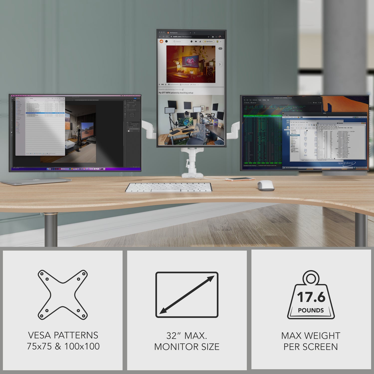 Triple Monitor Mount with Gas Spring Arms and USB Ports holding three monitors in a workspace setup showing adjustable arms supporting one monitor vertically and two monitors horizontally, featuring a clean wooden desk with keyboard and mouse, highlighting the ergonomic and space-saving design ideal for multitasking with VESA compatibility, supporting up to 32-inch screens and 17.6 pounds per monitor.