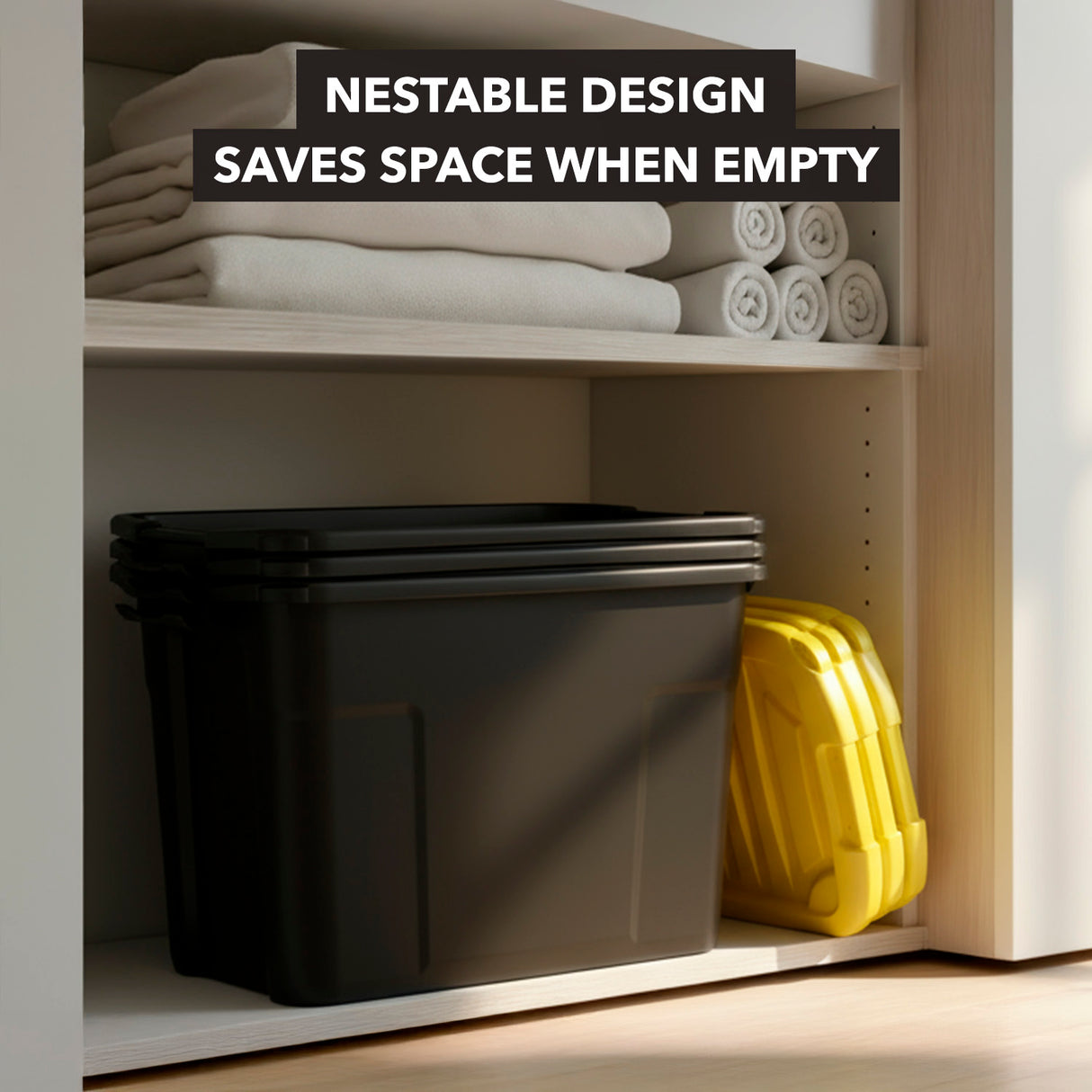 Two Mount-It! Heavy-Duty Storage Bins with Lids are nested together on a shelf next to a yellow bin, with folded white towels above. Text overlay reads, Stackable storage bin design saves space when empty.
