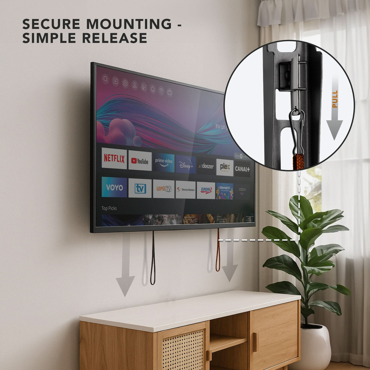 Low Profile Slim TV Wall Mount Fixed TV Bracket by Mount-It! shown mounted on a wall above a wooden cabinet with a flat-panel TV secured closely flush to the wall, highlighting anti-lift spring lock mechanism with pull cords for easy and secure release, emphasizing sleek, space-saving installation suitable for modern living spaces.