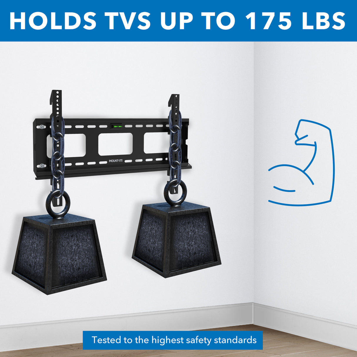 Heavy-Duty Ultra Low Profile TV Wall Mount with Locking Feature Heavy-Duty Ultra Low Profile TV Wall Mount with Locking Feature shown securely holding two heavy weights to demonstrate its strength and ability to support TVs up to 175 pounds, featuring a sleek black design mounted on a corner wall with a graphic of a flexed arm symbolizing durability and tested to highest safety standards.