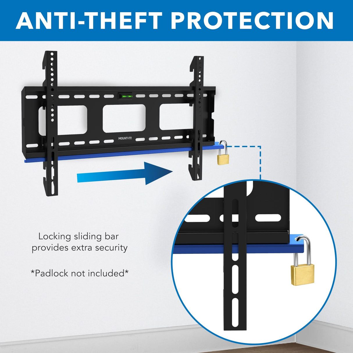 Heavy-Duty Ultra Low Profile TV Wall Mount with Locking Feature showcasing its anti-theft protection with a close-up of the locking sliding bar that provides extra security by allowing a padlock attachment, designed to securely hold large TVs while maintaining a low-profile sleek appearance against the wall, ideal for public spaces or short term rentals.