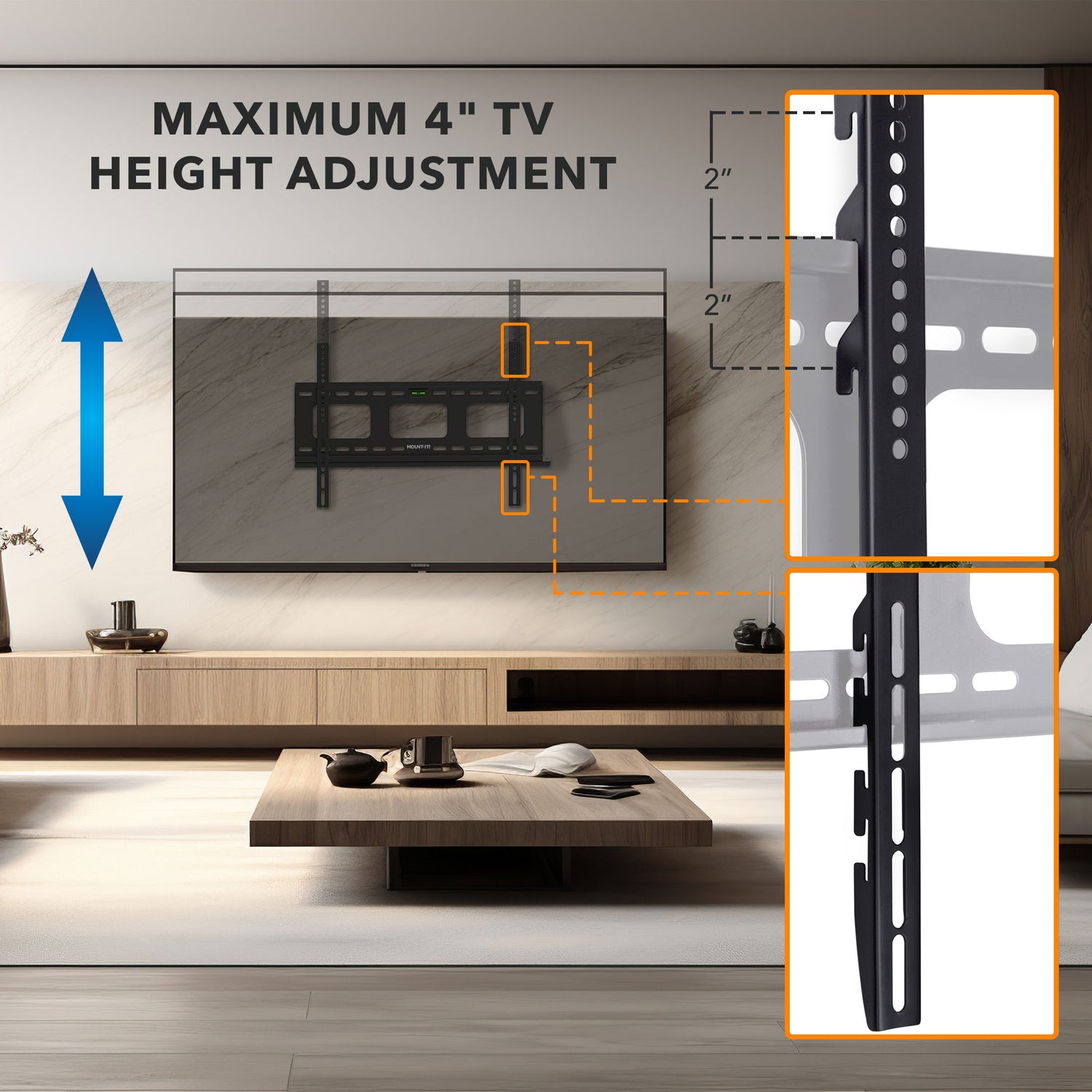 Heavy-Duty Ultra Low Profile TV Wall Mount with Locking Feature showing maximum 4-inch height adjustment capability with detailed close-up views of vertical VESA brackets and mounting slots in a modern living room setting, highlighting precision engineering for secure and flexible TV positioning.