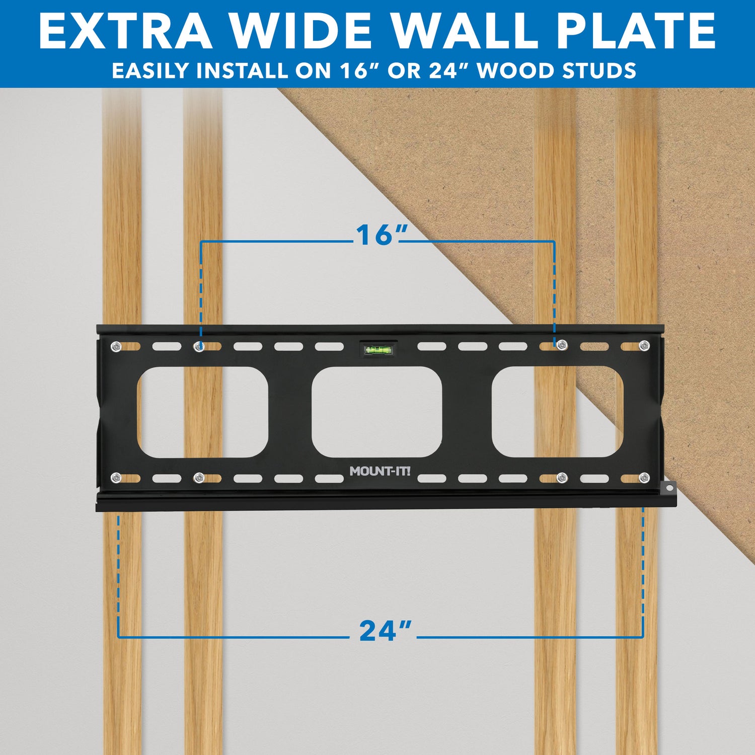 Extra wide wall plate of the Heavy-Duty Ultra Low Profile TV Wall Mount with Locking Feature designed by Mount-It! showing compatibility for installation on 16-inch or 24-inch wood studs, with measurements indicated for precise mounting, illustrating the mount’s robust build and ease of secure attachment to wood studs for supporting large TVs.