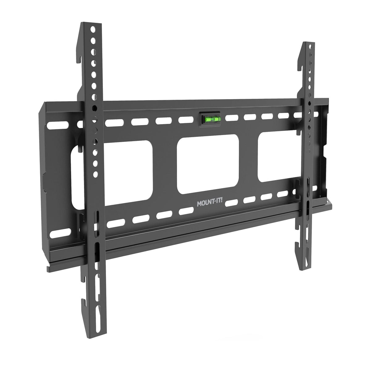 Heavy-Duty Ultra Low Profile TV Wall Mount with Locking Feature by Mount-It! shown in black metal, designed to securely hold large TVs up to 80 inches and 175 pounds, features ultra-slim 0.9-inch profile, integrated bubble level for precise installation, multiple mounting holes for VESA compatibility from 100x100 to 600x400, and openings for organized cable management.