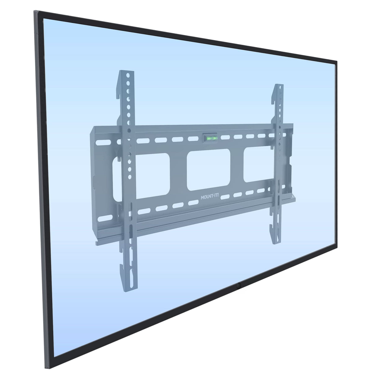 Heavy-Duty Ultra Low Profile TV Wall Mount with Locking Feature shown mounted on a TV, designed to securely hold large screens up to 80 inches and 175 pounds, featuring an ultra-slim 0.9-inch profile for a nearly flush fit against the wall, with adjustable vertical VESA brackets compatible with various mounting patterns, integrated anti-theft locking capability for public spaces, and large cable management openings for organized wiring.
