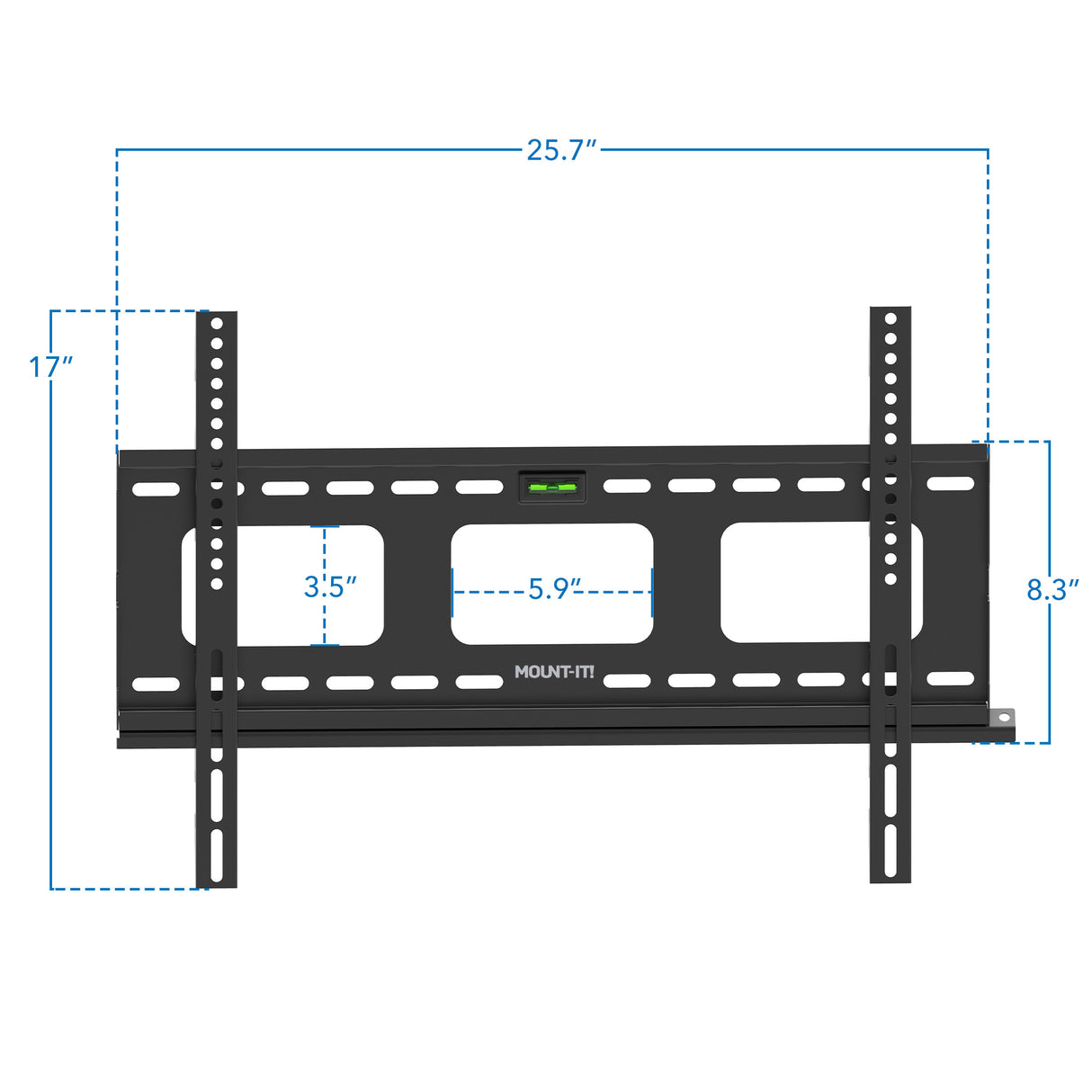 Heavy-Duty Ultra Low Profile TV Wall Mount with Locking Feature Heavy-Duty Ultra Low Profile TV Wall Mount with Locking Feature by Mount-It! shown with detailed dimensions, featuring a sturdy black metal frame designed for secure TV mounting, includes multiple slot openings for cable management, built-in level for precise installation, supports large VESA patterns, and offers a slim, low profile ideal for heavy TVs up to 175 lbs with anti-theft locking capability.