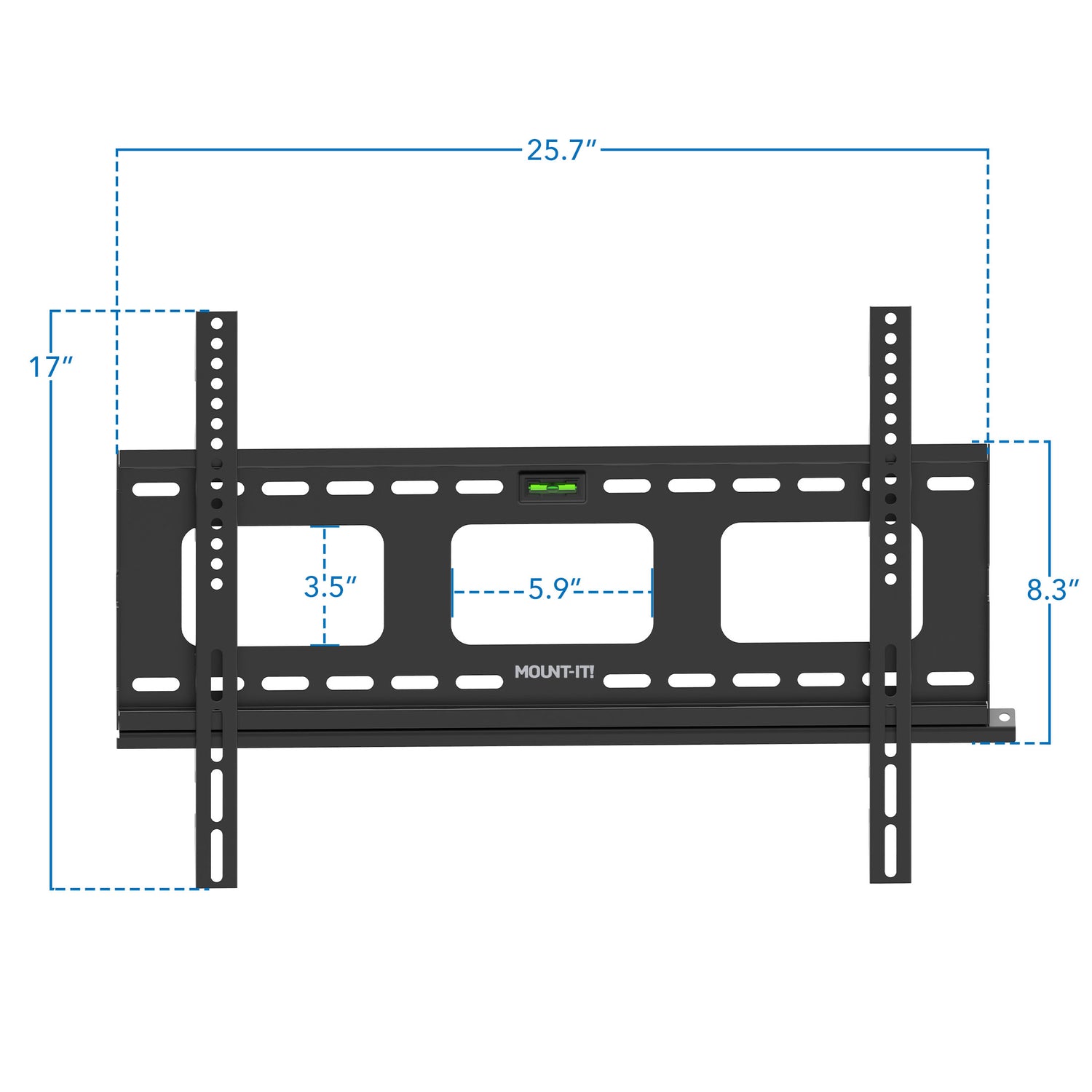 Heavy-Duty Ultra Low Profile TV Wall Mount with Locking Feature by Mount-It! shown with detailed dimensions, featuring a sturdy black metal frame designed for secure TV mounting, includes multiple slot openings for cable management, built-in level for precise installation, supports large VESA patterns, and offers a slim, low profile ideal for heavy TVs up to 175 lbs with anti-theft locking capability.