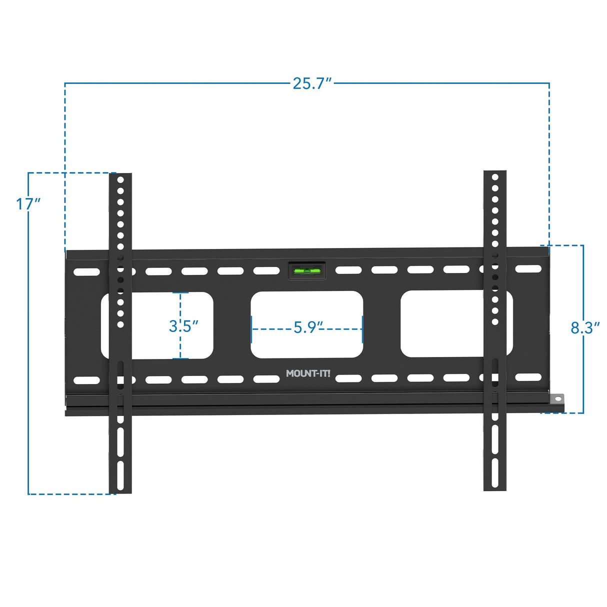Heavy-Duty Ultra Low Profile TV Wall Mount with Locking Feature by Mount-It! shown with detailed dimensions, featuring a sturdy black metal frame designed for secure TV mounting, includes multiple slot openings for cable management, built-in level for precise installation, supports large VESA patterns, and offers a slim, low profile ideal for heavy TVs up to 175 lbs with anti-theft locking capability.