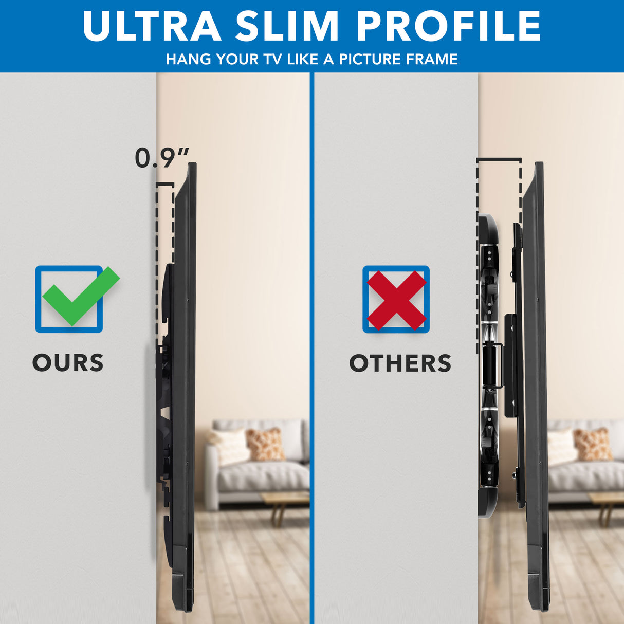 Heavy-Duty Ultra Low Profile TV Wall Mount with Locking Feature Side-by-side comparison showing the ultra low profile of 0.9 inches of the Heavy-Duty Ultra Low Profile TV Wall Mount with Locking Feature on the left versus a bulkier, thicker TV wall mount on the right, highlighting the sleek, almost flush appearance of the Mount-It! product against the wall.