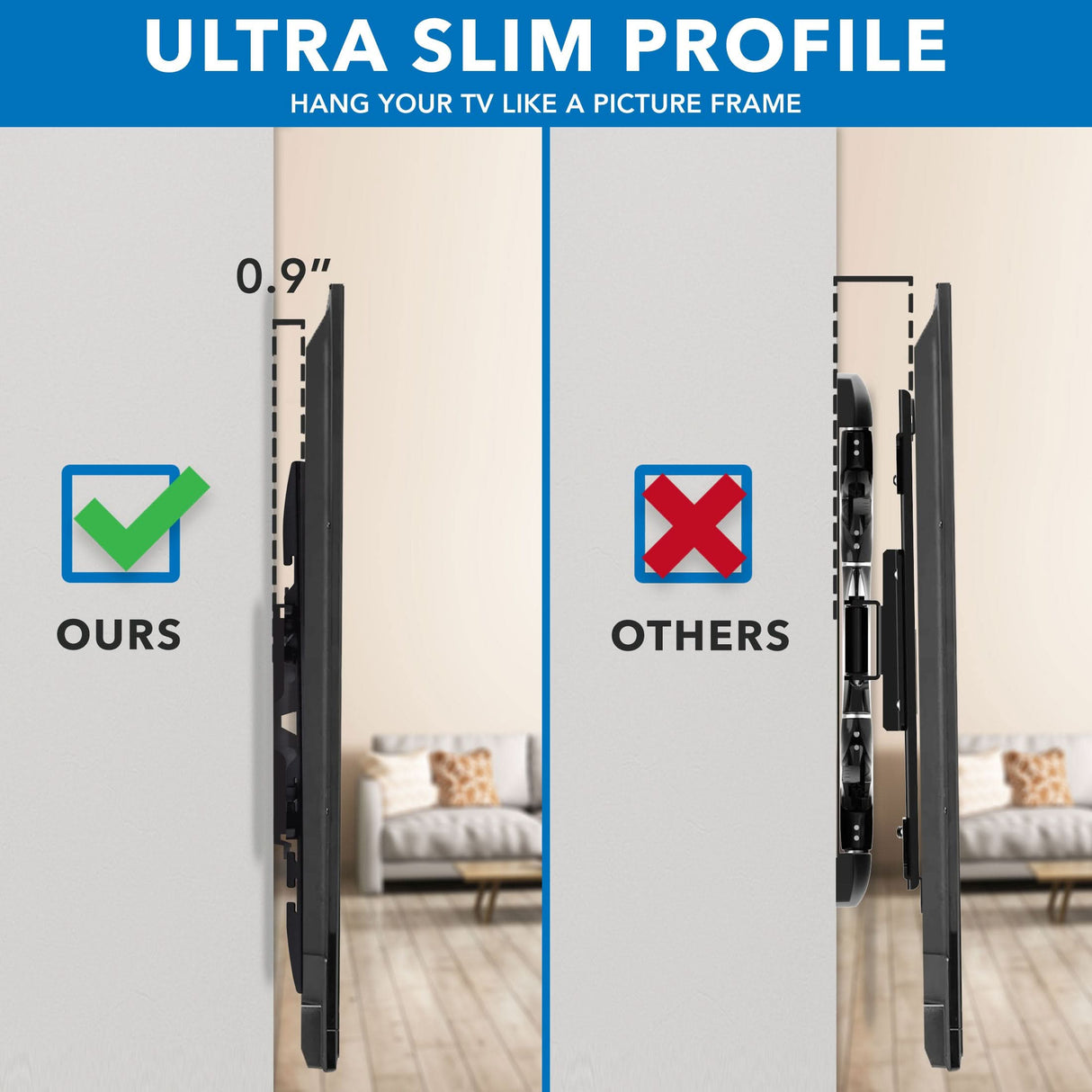 Side-by-side comparison showing the ultra low profile of 0.9 inches of the Heavy-Duty Ultra Low Profile TV Wall Mount with Locking Feature on the left versus a bulkier, thicker TV wall mount on the right, highlighting the sleek, almost flush appearance of the Mount-It! product against the wall.