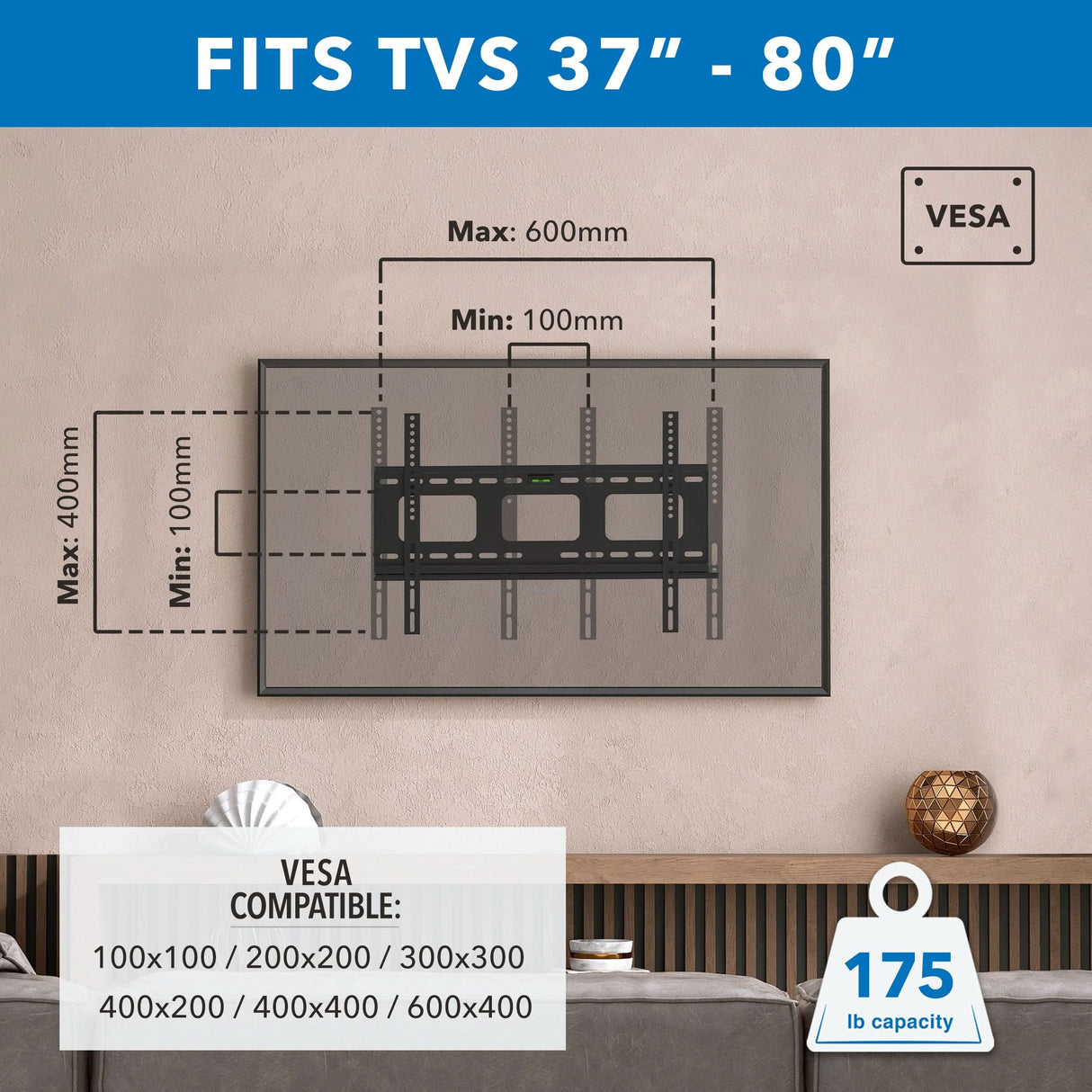 Illustration showing Heavy-Duty Ultra Low Profile TV Wall Mount with Locking Feature installed on a wall, highlighting VESA compatibility from 100x100 to 600x400, fitting TVs sized 37 to 80 inches, with a maximum weight capacity of 175 pounds, mounted above a sofa with decorative items on a wooden shelf beneath.