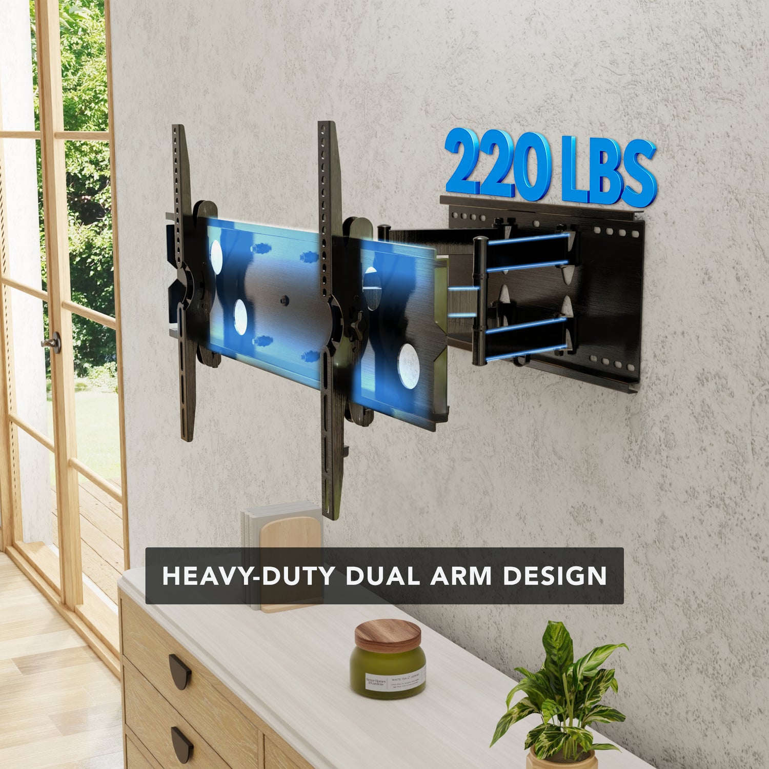 Heavy Duty Full Motion TV Wall Mount with Extension featuring a dual arm design and solid steel construction, capable of supporting TVs up to 220 pounds, mounted close to the wall or extended outward, suitable for large, heavy TVs with wide VESA compatibility, demonstrating robust durability and stability in a modern living space.