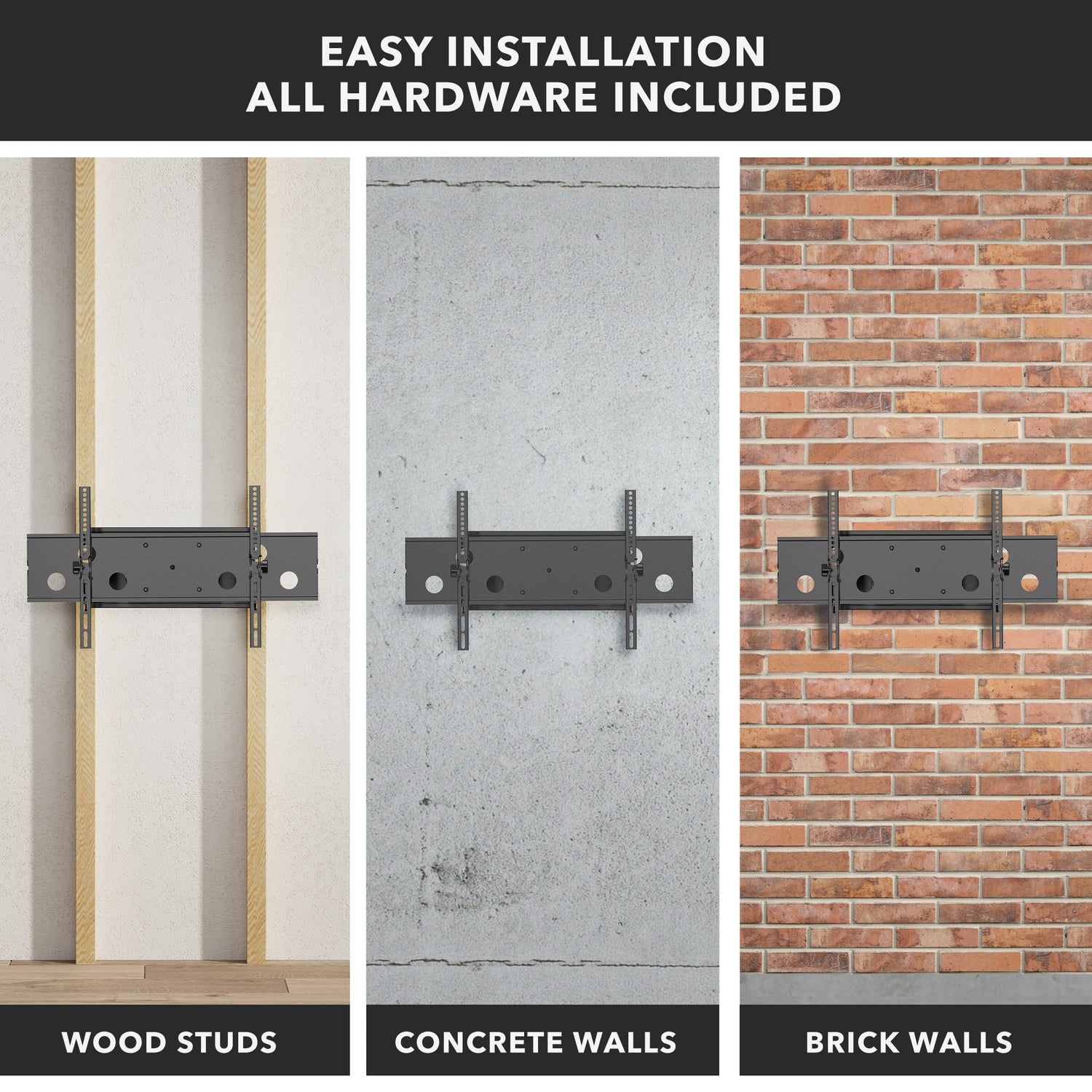 Heavy Duty Full Motion TV Wall Mount with Extension installed on wood stud, concrete, and brick walls demonstrating easy installation with all hardware included for secure mounting on various surfaces.