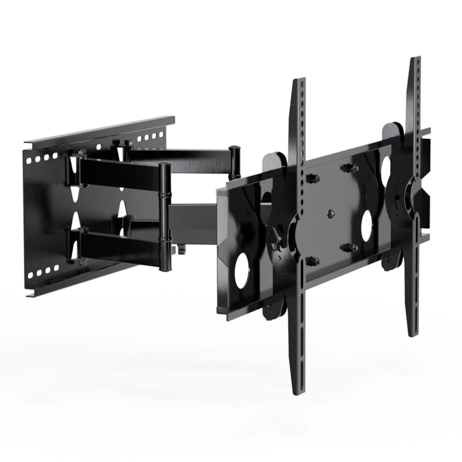 Heavy Duty Full Motion TV Wall Mount with Extension featuring a dual arm design and sturdy steel construction, designed to support large, heavy TVs up to 220 pounds. Offers full motion capabilities with 45-degree swivel, 15-degree tilt, and extends from 3.7 inches to nearly 20 inches from the wall for optimal viewing flexibility. Compatible with VESA patterns up to 800mm by 400mm.