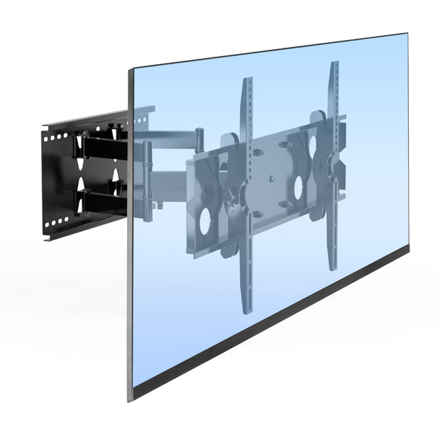 Heavy Duty Full Motion TV Wall Mount with Extension showing a large flat screen TV mounted on a dual arm steel bracket extending away from the wall, demonstrating swivel and tilt capabilities, designed for heavy TVs with VESA patterns up to 800mm by 400mm and supporting up to 220 pounds for secure, adjustable positioning.