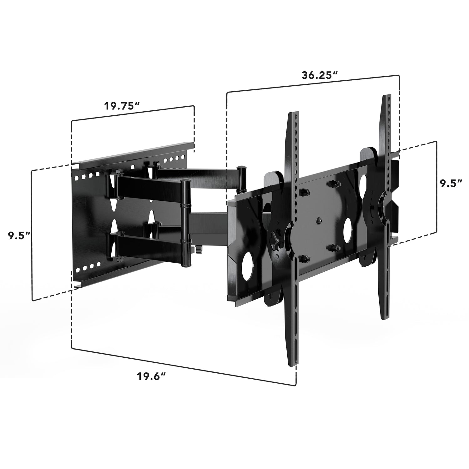 Heavy Duty Full Motion TV Wall Mount with Extension showing full extension and mounting dimensions, designed to support large TVs with extra strong dual-arm steel construction for stability and safety.