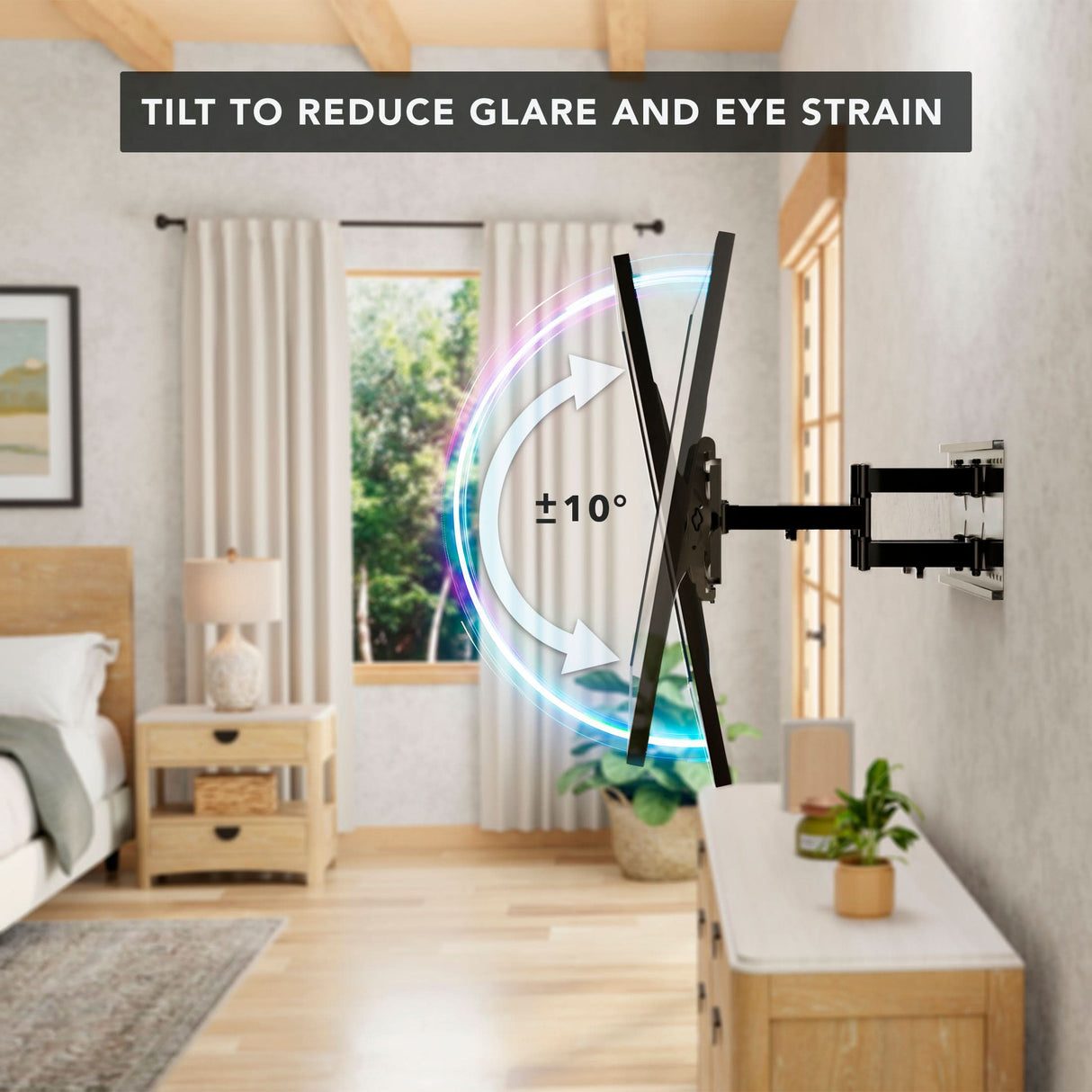 The Mount-It! Heavy Duty Full Motion TV Wall Mount with Extension tilts ±10° to reduce glare in a bedroom with a bed, nightstand, and curtained window. Compatible with VESA 800x400 for secure mounting.