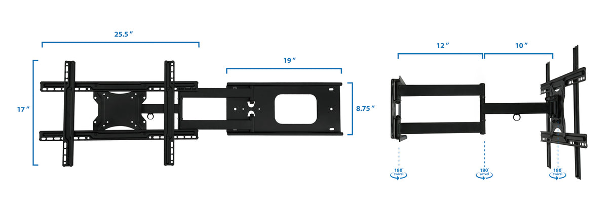 Image of the Mount-It! Full Motion TV Wall Mount (black) for up to 70" TVs, with labeled measurements: 25.5" width, 17" height, 19" arm length, 8.75" base width, 10–12" arm extension, and arrows showing a 180° swivel range.