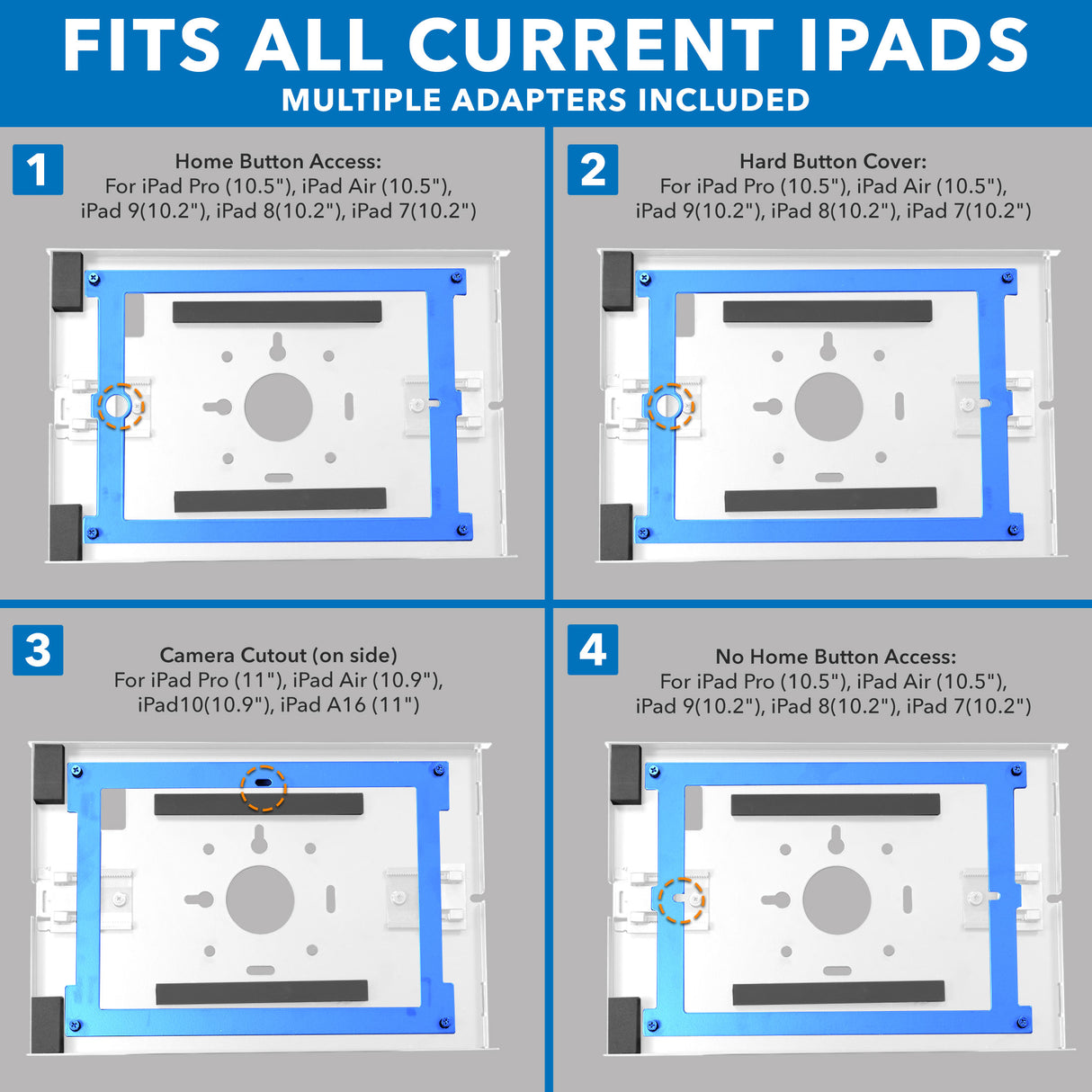 Instructional graphic for the Mount-It! Anti-Theft Tablet Kiosk with Document Holder displays four iPad adapter options: home button access, hard button cover, camera cutout, and no home button. Blue/white frames show kiosk configurations.