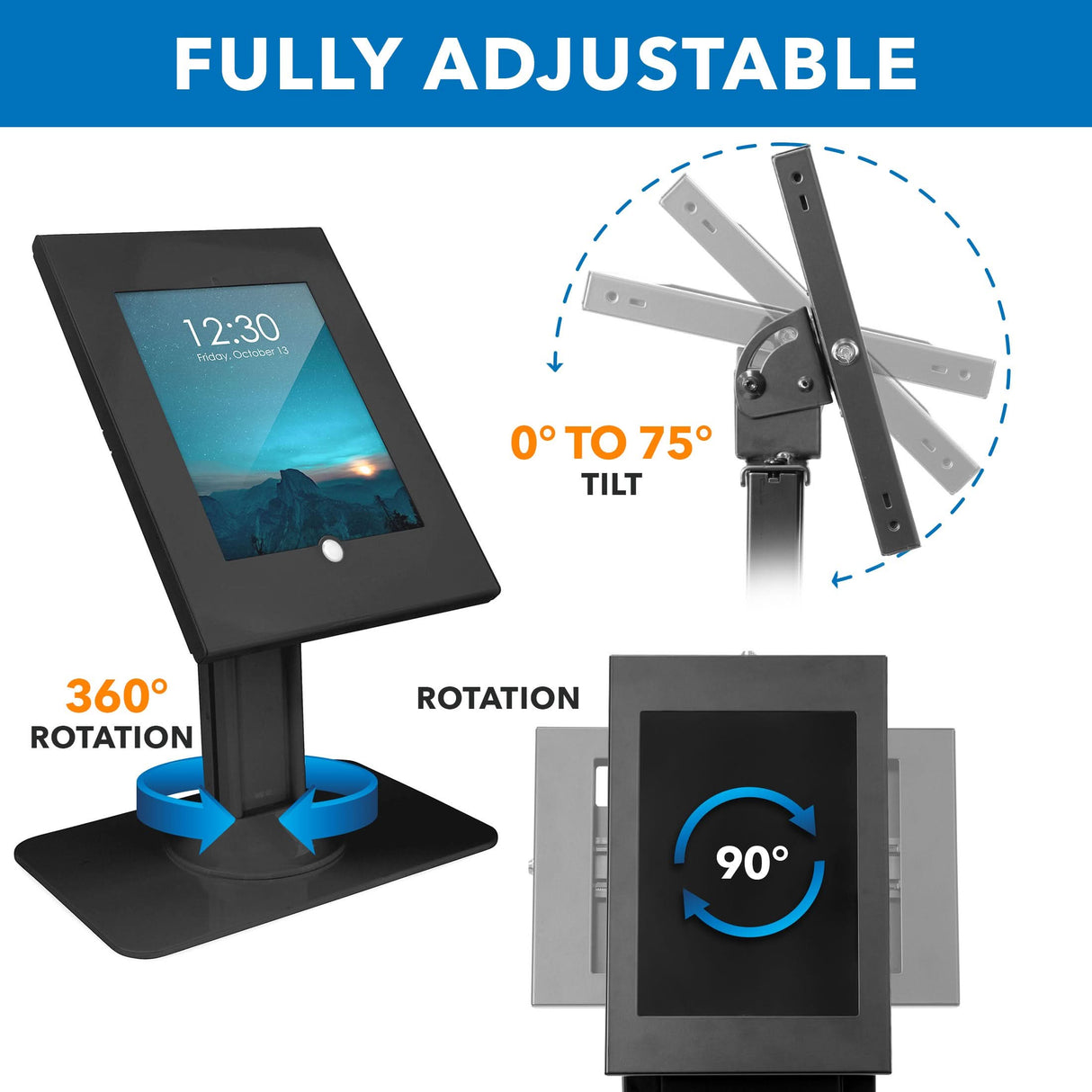 Anti-Theft Tablet Countertop Stand for iPad, iPad Air, iPad Pro showing its fully adjustable locking enclosure with 360-degree rotation at the base, 0 to 75-degree tilt capability, and 90-degree screen rotation, designed for secure and versatile use in public spaces.