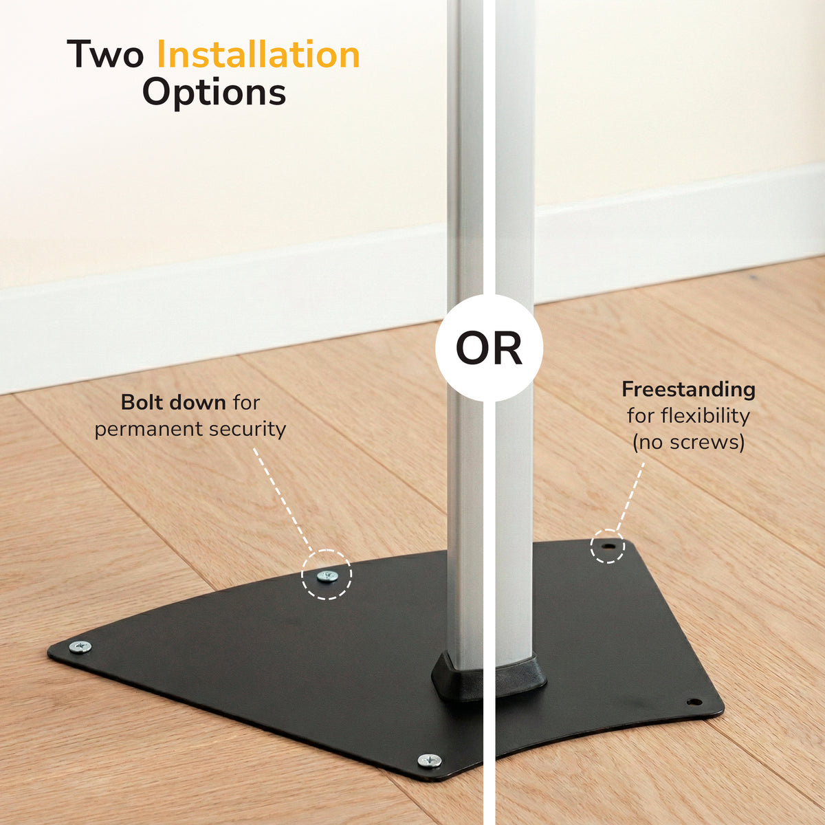 The Mount-It! Secure Universal Tablet Floor Stand with Lock features a triangular black base and two setup options—bolt down for security or freestanding for flexibility—perfect as a retail kiosk or lockable mount.