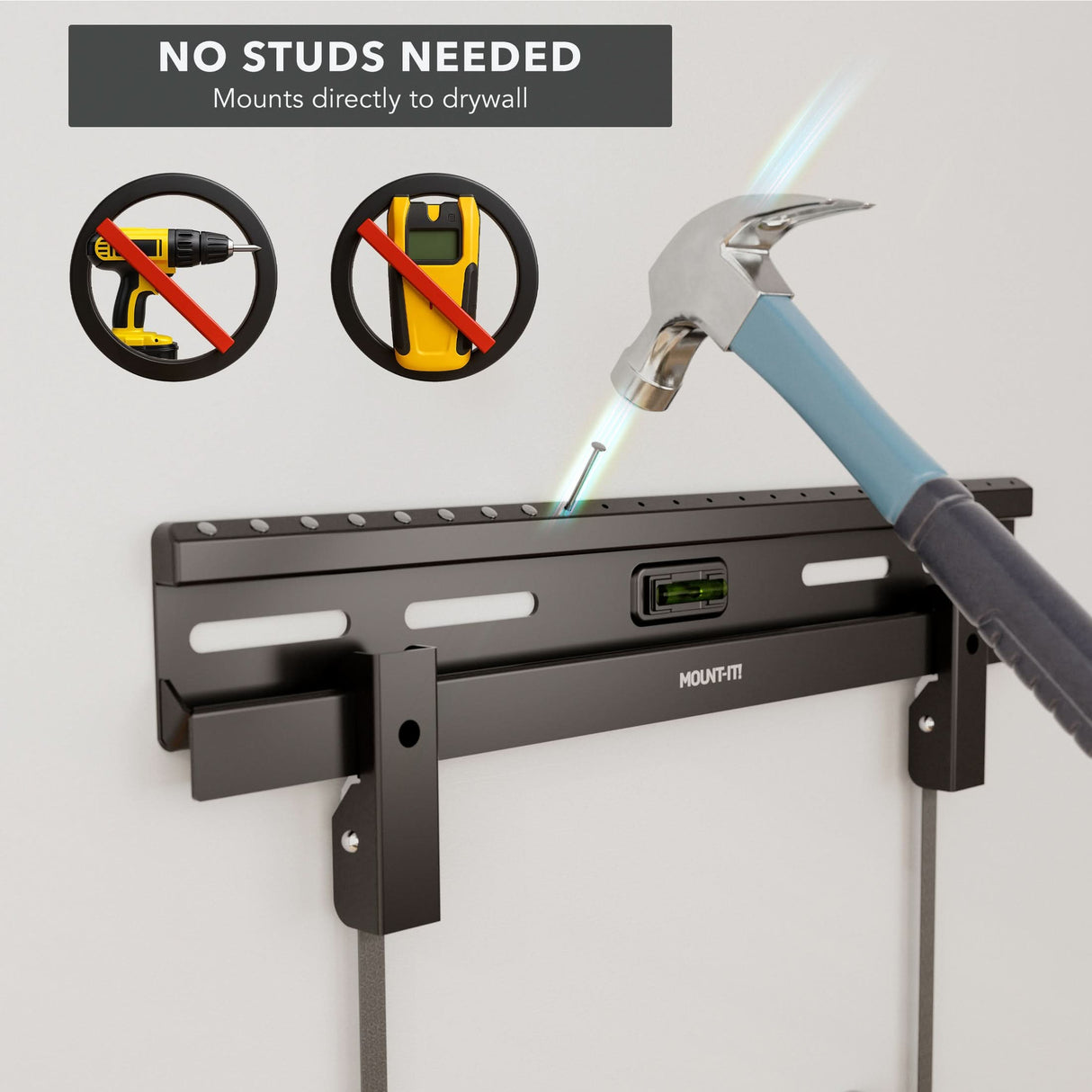 Close-up of the Mount-It! No Stud TV Wall Mount for TVs 23" - 65", showing a hammer installing the mount directly into drywall without the need for drills or stud finders, highlighting easy, damage-free setup with built-in bubble level for precise alignment.