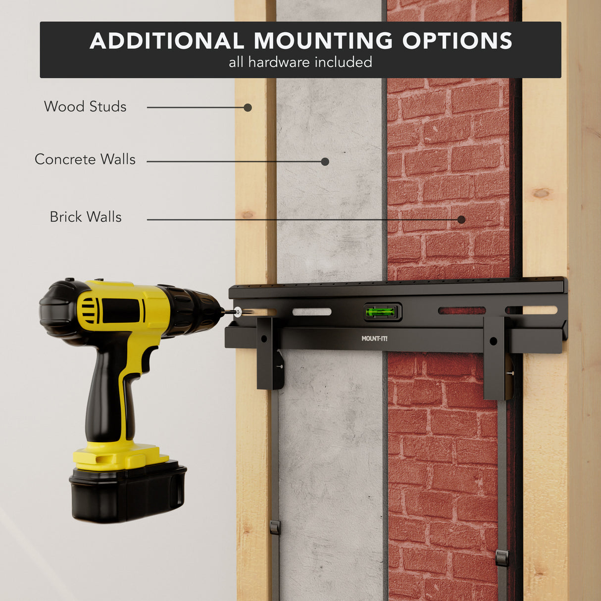 No Stud TV Wall Mount for TVs 23" - 65" No Stud TV Wall Mount for TVs 23" - 65" displayed with a black mounting bracket attached to a wall showing options for wood studs, concrete walls, and brick walls, alongside a yellow and black cordless drill highlighting easy installation with hardware included and built-in bubble level for precise mounting.
