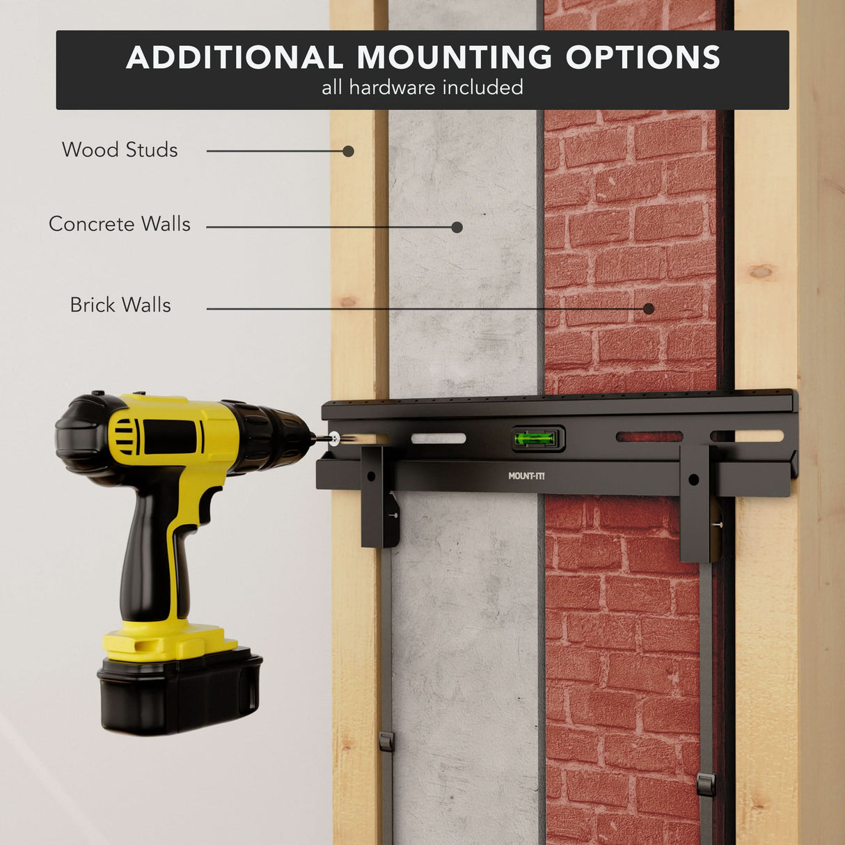 No Stud TV Wall Mount for TVs 23" - 65" displayed with a black mounting bracket attached to a wall showing options for wood studs, concrete walls, and brick walls, alongside a yellow and black cordless drill highlighting easy installation with hardware included and built-in bubble level for precise mounting.