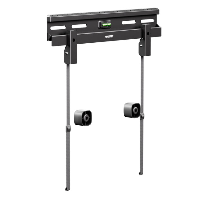 Mount-It! No Stud TV Wall Mount for TVs 23" - 65" in black metal with built-in bubble level for easy, precise installation on drywall without studs. Features quick-release spring locks and flexible nail-based mounting designed for minimal wall damage, supporting up to 132 lbs with a low-profile 1.1-inch design to keep TVs close to the wall in apartments, offices, or temporary setups.