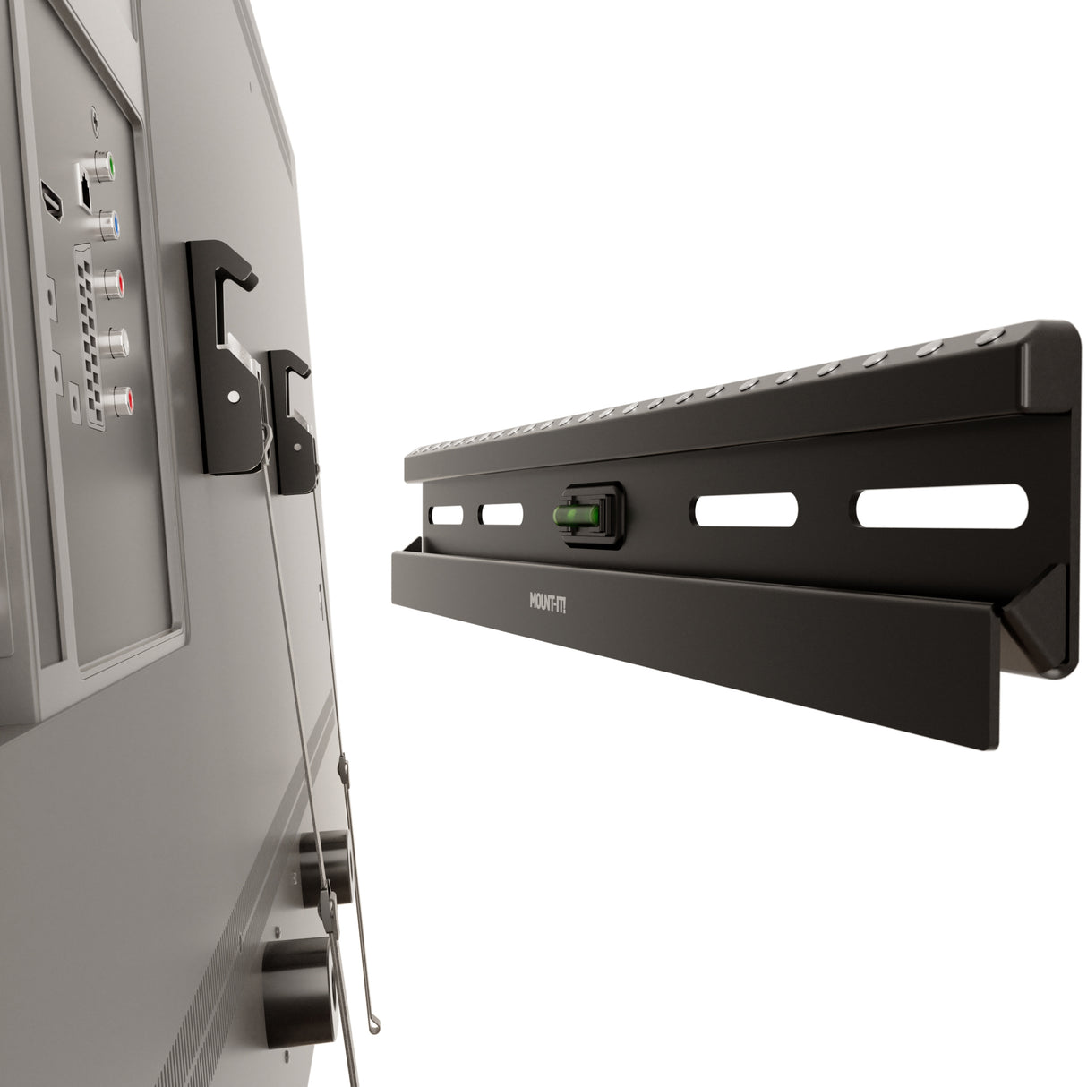 No Stud TV Wall Mount for TVs 23" - 65" Close-up side view of the Mount-It! No Stud TV Wall Mount for TVs 23" - 65", showing the slim black mounting bracket attached to a TV, featuring a built-in green bubble level for precise, damage-free installation without wall studs, designed for easy mounting on drywall, supporting up to 132 lbs with a sleek low-profile design ideal for renters and minimalistic spaces.