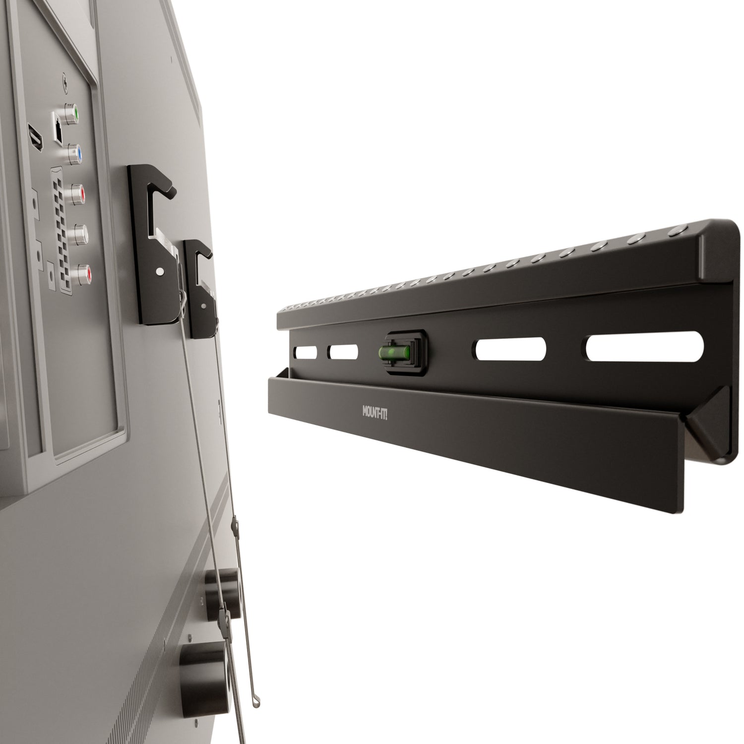 Close-up side view of the Mount-It! No Stud TV Wall Mount for TVs 23" - 65", showing the slim black mounting bracket attached to a TV, featuring a built-in green bubble level for precise, damage-free installation without wall studs, designed for easy mounting on drywall, supporting up to 132 lbs with a sleek low-profile design ideal for renters and minimalistic spaces.