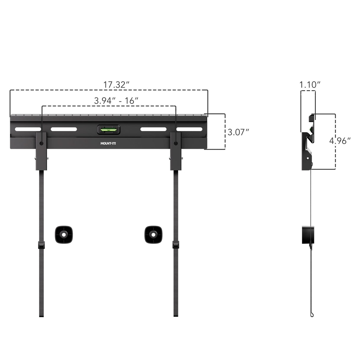 Front and side view technical diagram of the No Stud TV Wall Mount for TVs 23" - 65" by Mount-It!, showing detailed dimensions including width, height, and depth, with an integrated bubble level for precise alignment and quick-release spring locks for easy TV removal, designed for flexible and near damage-free installation on drywall without requiring studs.