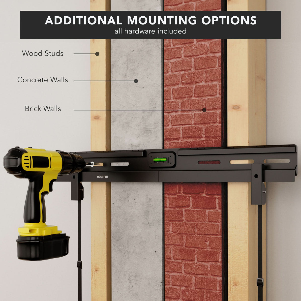 The Mount-It! No Stud TV Wall Mount is shown installed on wood studs, concrete, and brick. A yellow cordless drill on the mount highlights the built-in level. Labels mark each wall type. Text: “More Mounting Options for drywall and no-stud applications.”.
