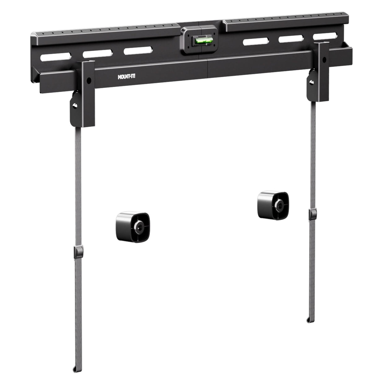 The Mount-It! No Stud TV Wall Mount in black features a built-in bubble level, two adjustable vertical straps, and two cylindrical mounting anchors—perfect for drywall TV installation without studs.