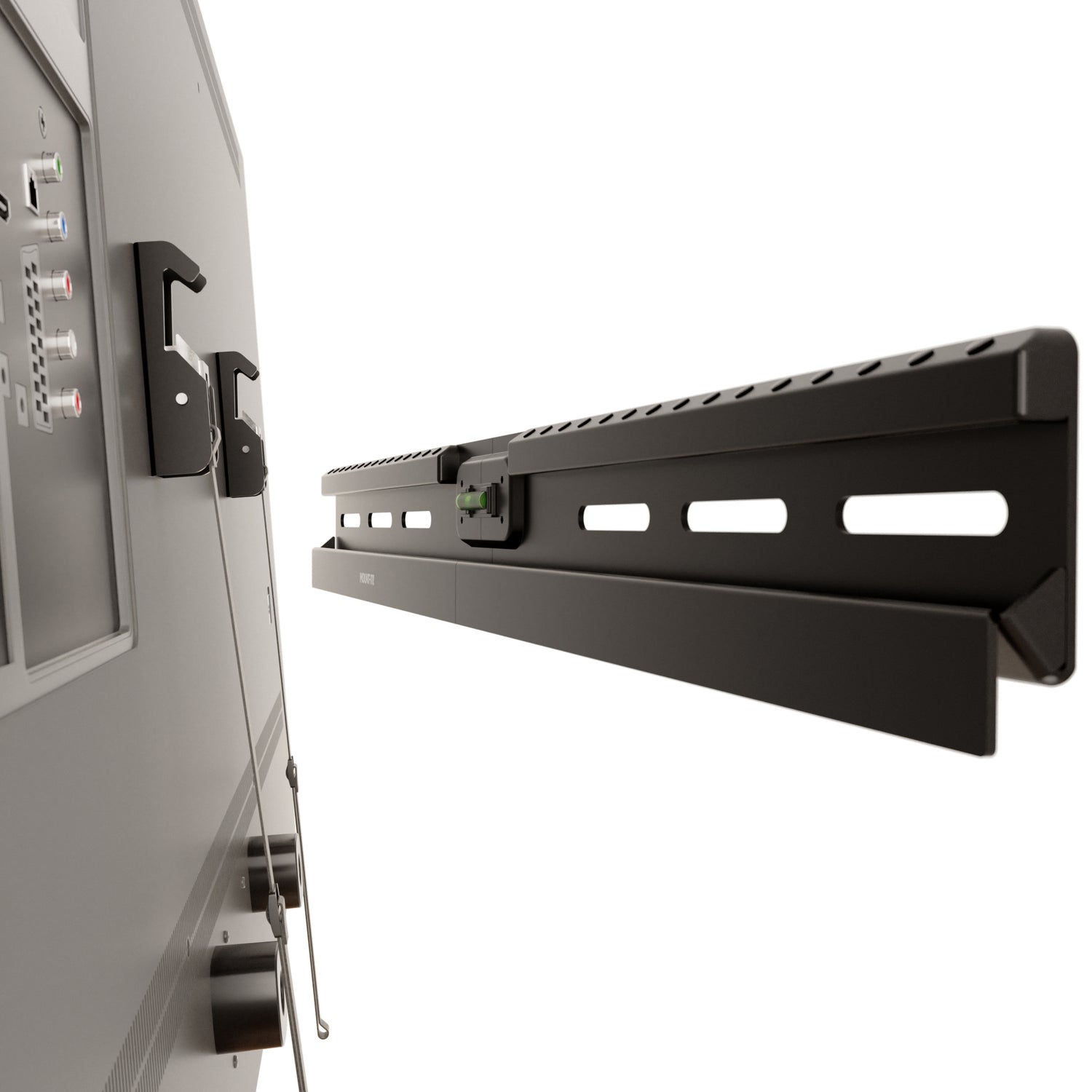 No Stud TV Wall Mount for TVs 37 to 86 inches shown attached to drywall without studs, featuring a slim black metal design with automatic spring lock system and built-in bubble level for easy, precise installation and a sleek, professional finish ideal for mounting large TVs up to 132 lbs in spaces where drilling into wood studs is not possible or preferred.