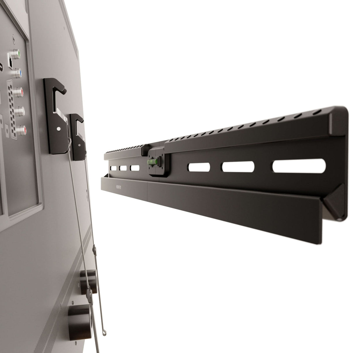 Close-up of the Mount-It! No Stud TV Wall Mount being attached to a flat-screen TV, showing detailed mounting hardware and alignment guide, all set against a white background.