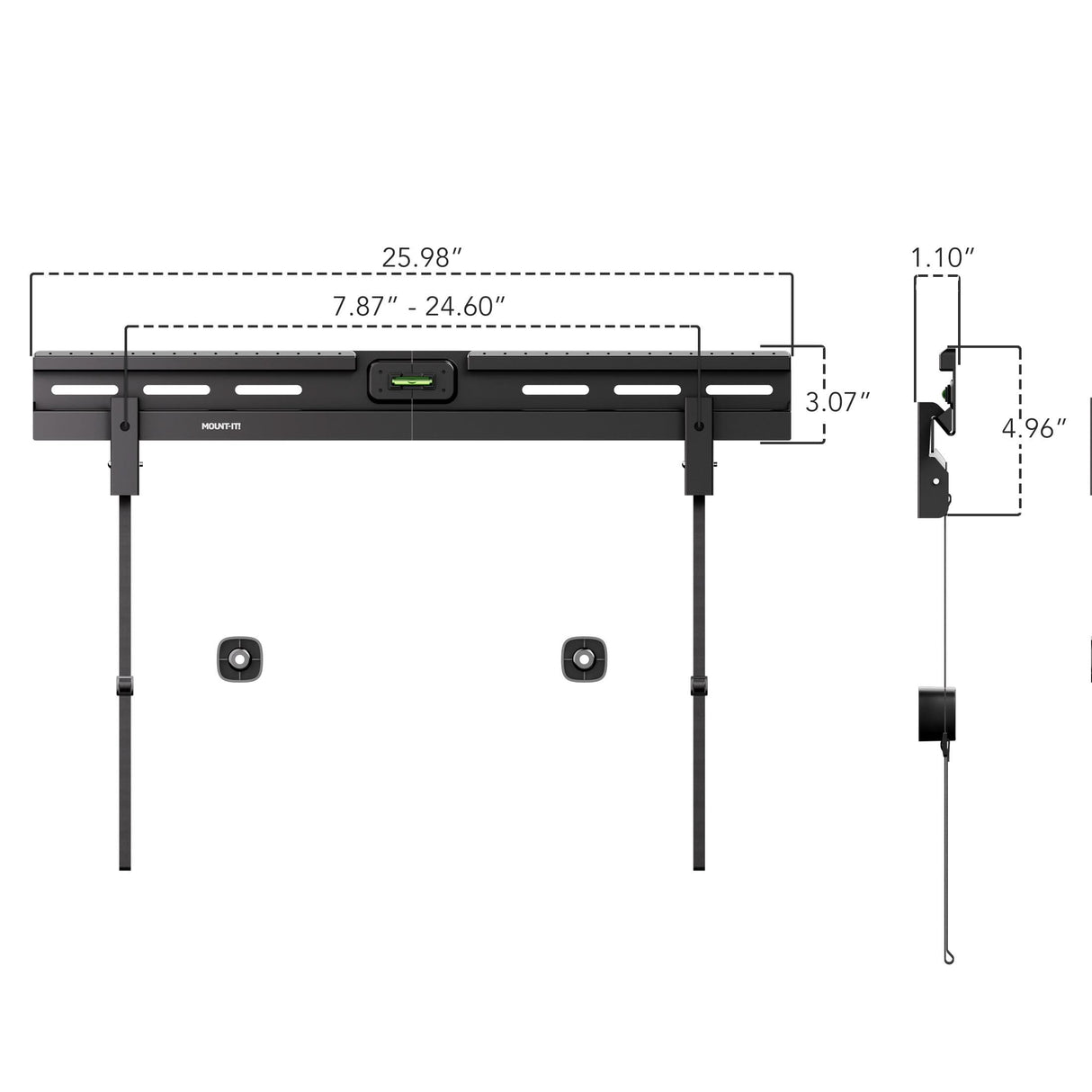 The Mount-It! No Stud TV Wall Mount in flat black measures 25.98"W x 3.07"H x 1.10"D, fits VESA sizes from 7.87" to 24.60", and includes side/front views plus hardware—perfect for drywall TV mounting without studs.