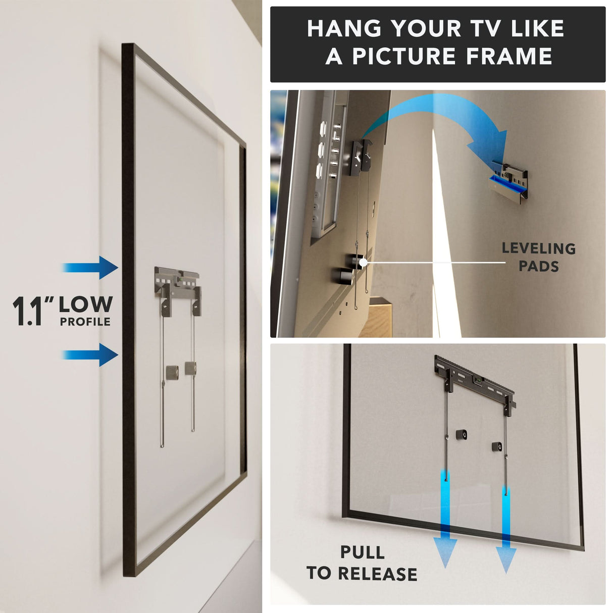 The Mount-It! No Stud TV Wall Mount lets your TV hang just 1.1 inches from the wall, like a picture frame. Side and back views show leveling pads and a pull-to-release feature for easy, no-stud installation.