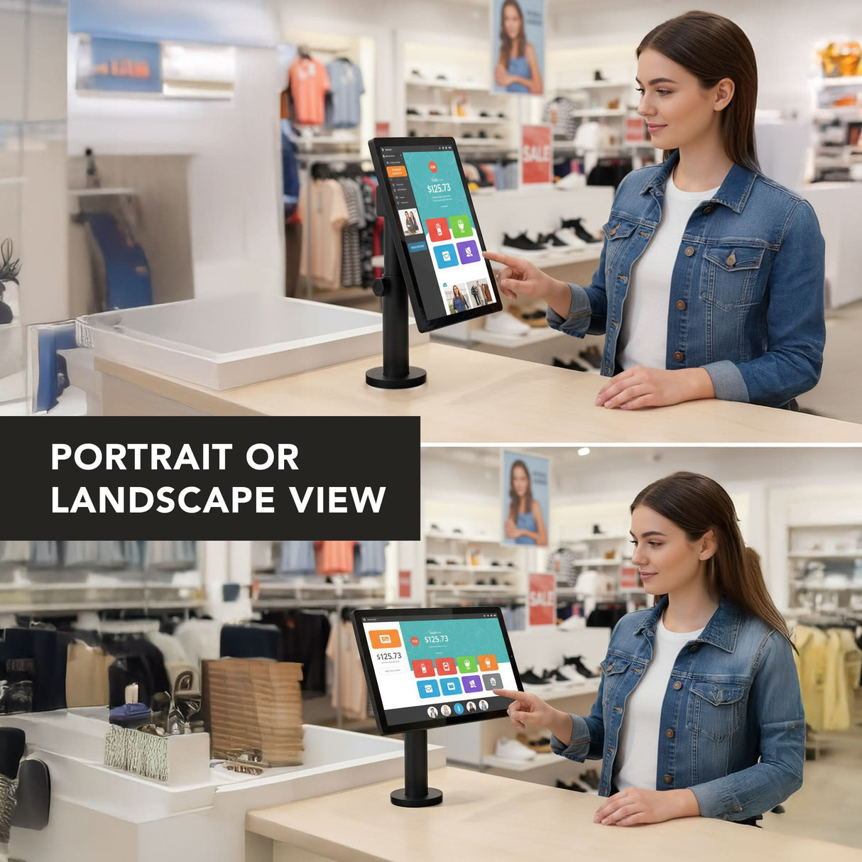 A woman uses the Mount-It! Point-of-Sale Monitor Stand at a retail counter, with the touchscreen display shown in both portrait and landscape modes. Clothing displays and counters are visible in the background.