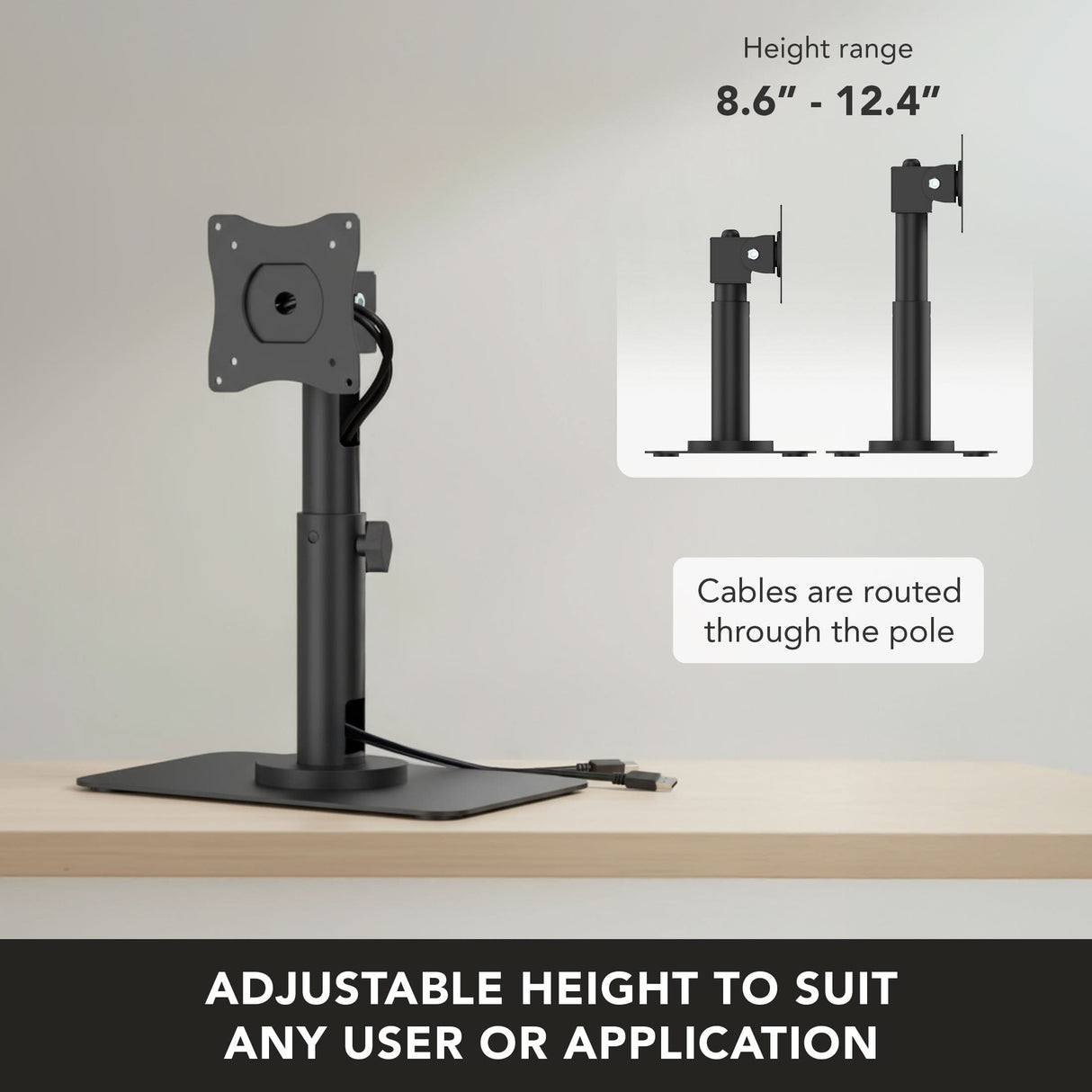 The Mount-It! Point-of-Sale Monitor Stand in black features adjustable height from 8.6 to 12.4 inches and built-in cable management—ideal for retail counters and any POS setup. Adjustable height suits any user or application.
